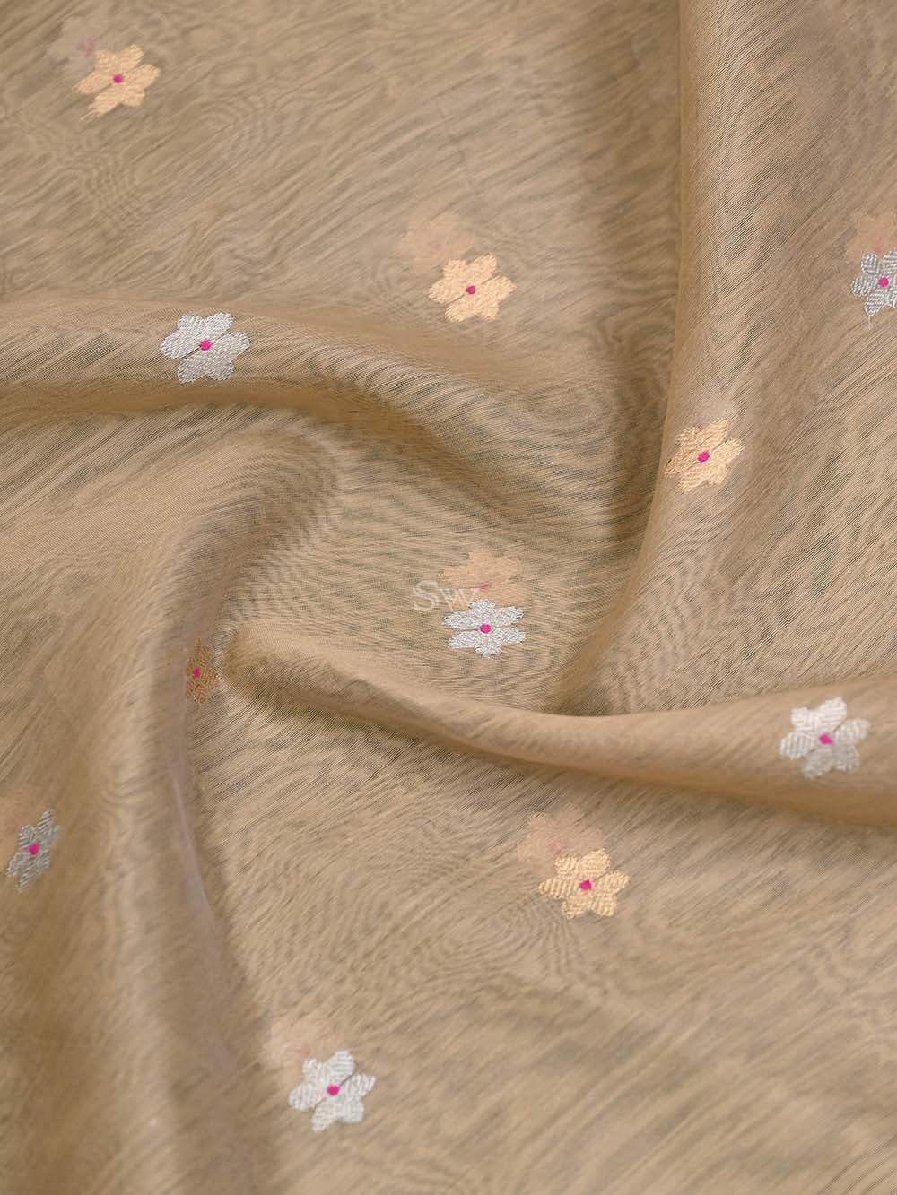 Beige Booti Chanderi Silk Handloom Banarasi Saree - Sacred Weaves