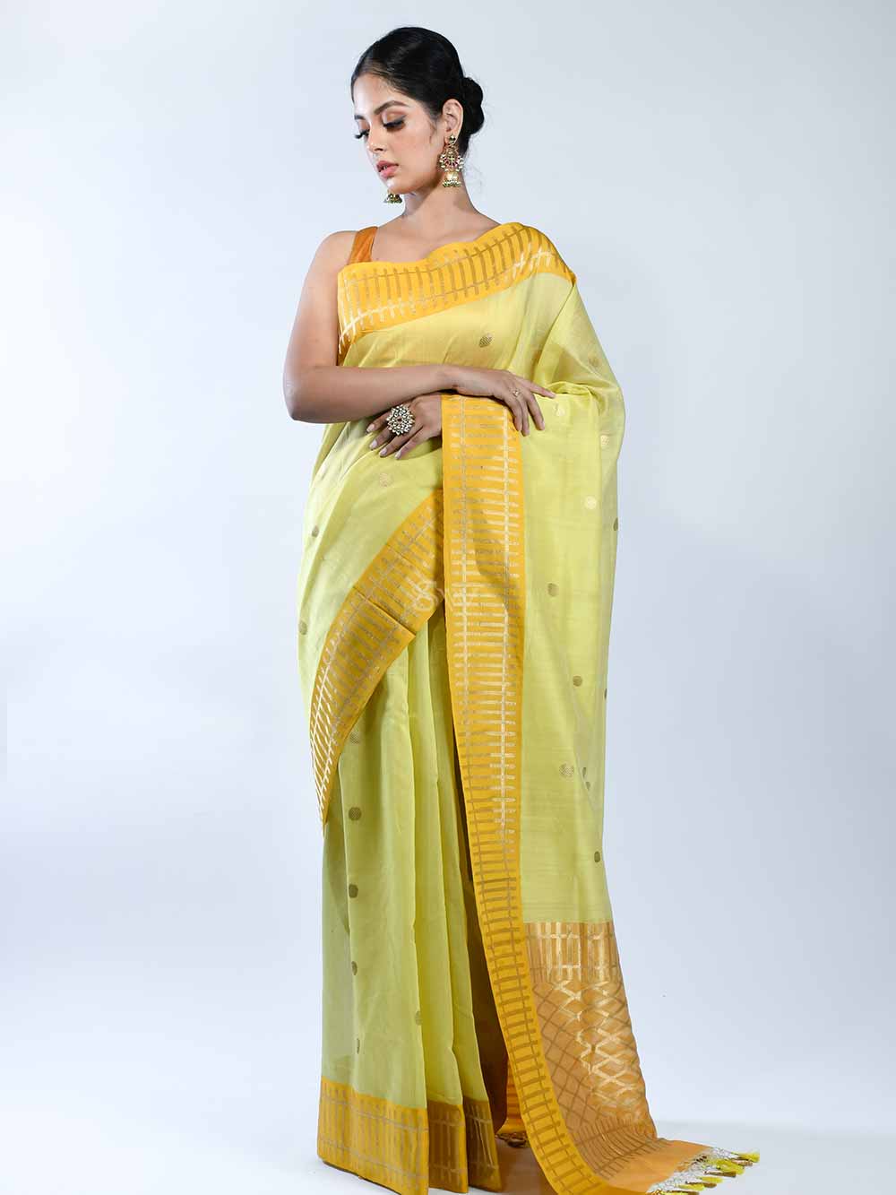 Lime Yellow Chanderi Silk Handloom Banarasi Saree - Sacred Weaves