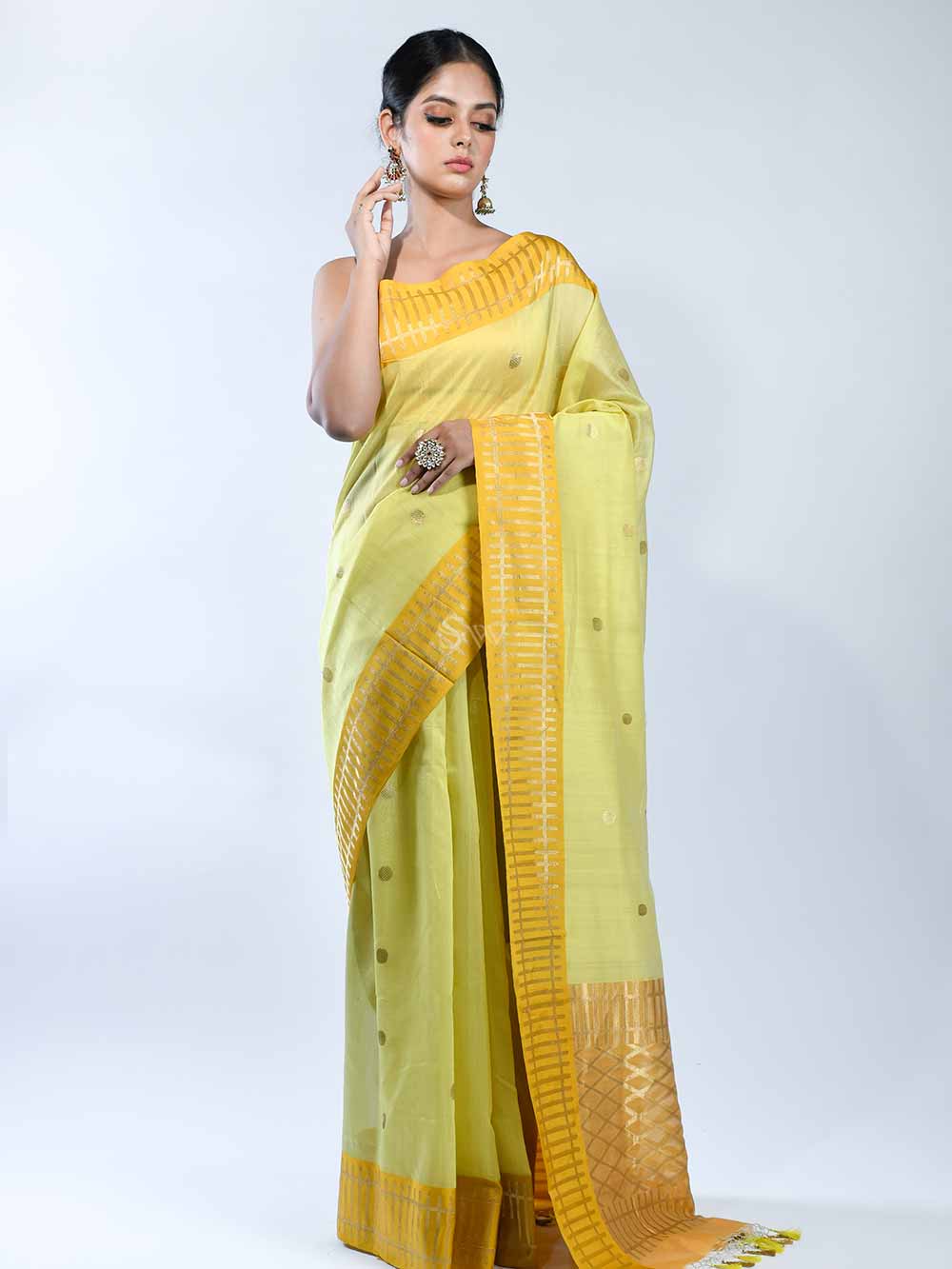 Lime Yellow Chanderi Silk Handloom Banarasi Saree - Sacred Weaves