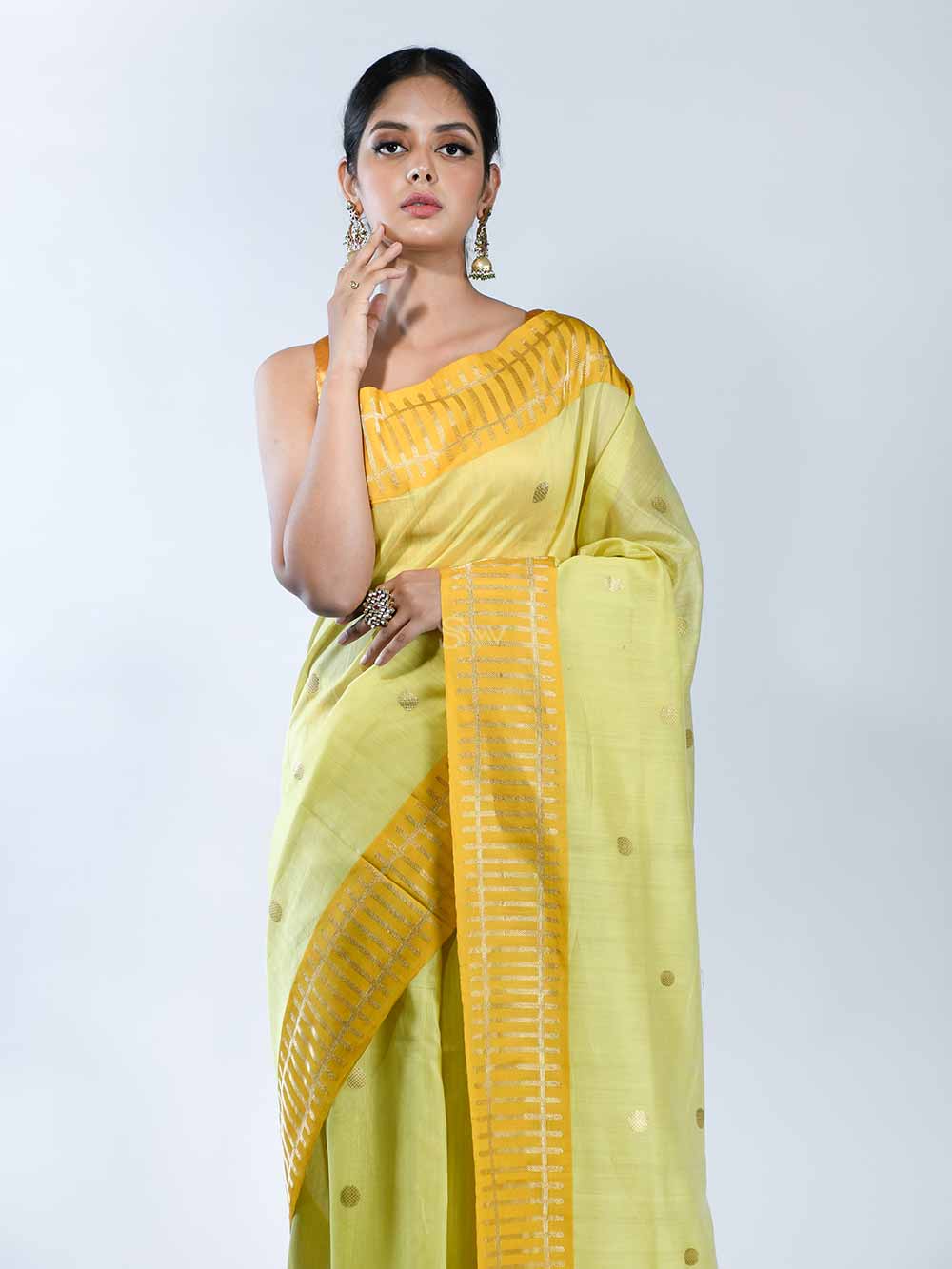 Lime Yellow Chanderi Silk Handloom Banarasi Saree - Sacred Weaves