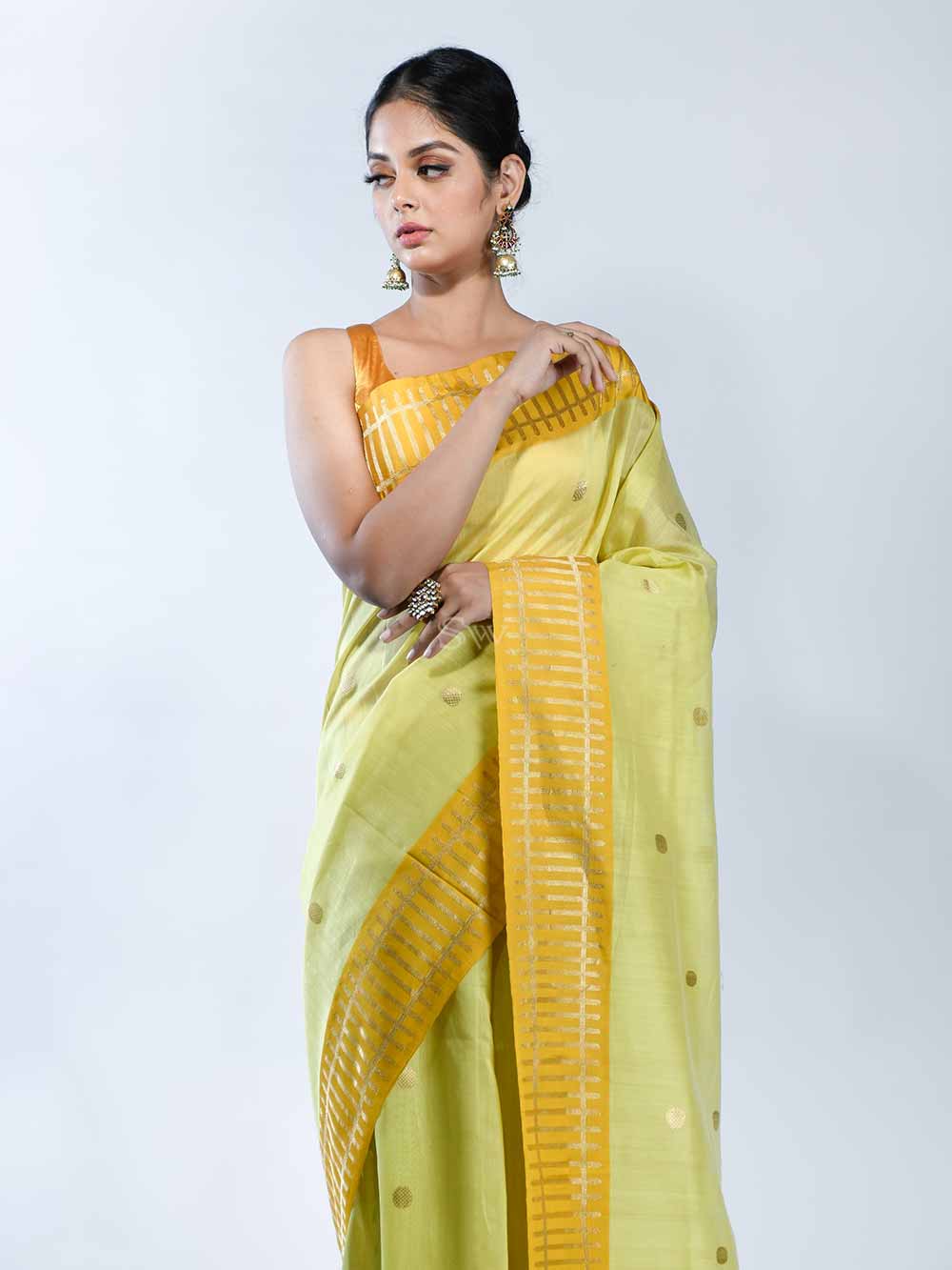 Lime Yellow Chanderi Silk Handloom Banarasi Saree - Sacred Weaves