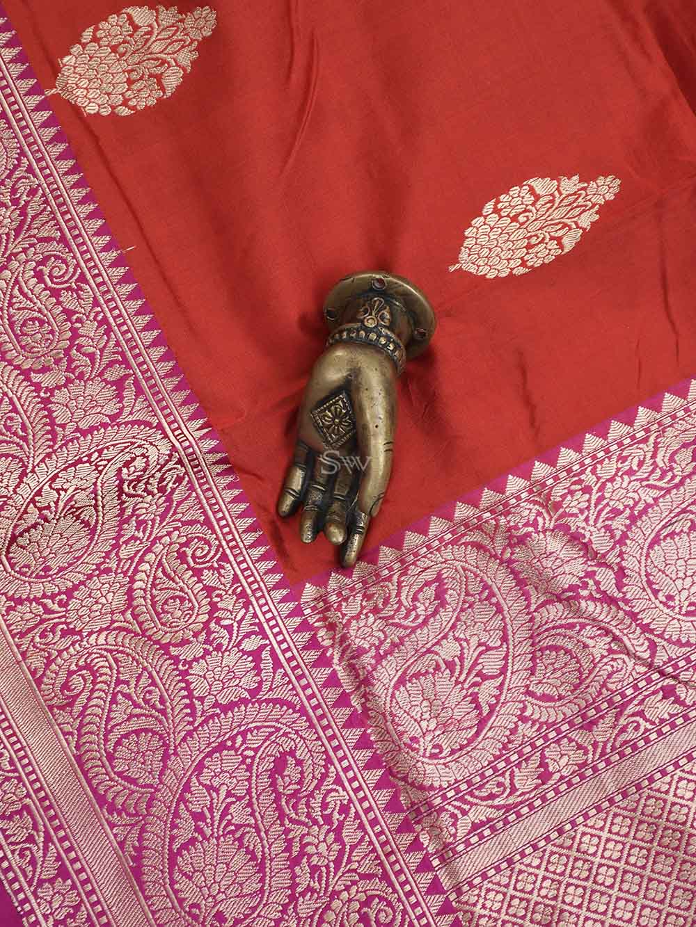 Red Boota Katan Silk Handloom Banarasi Saree - Sacred Weaves