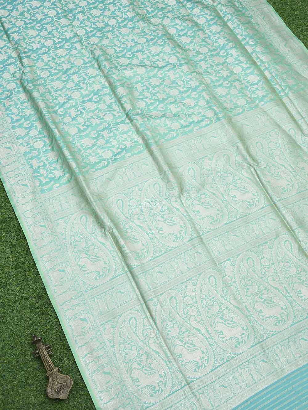 Sea Green Shikargah Katan Silk Handloom Banarasi Saree - Sacred Weaves