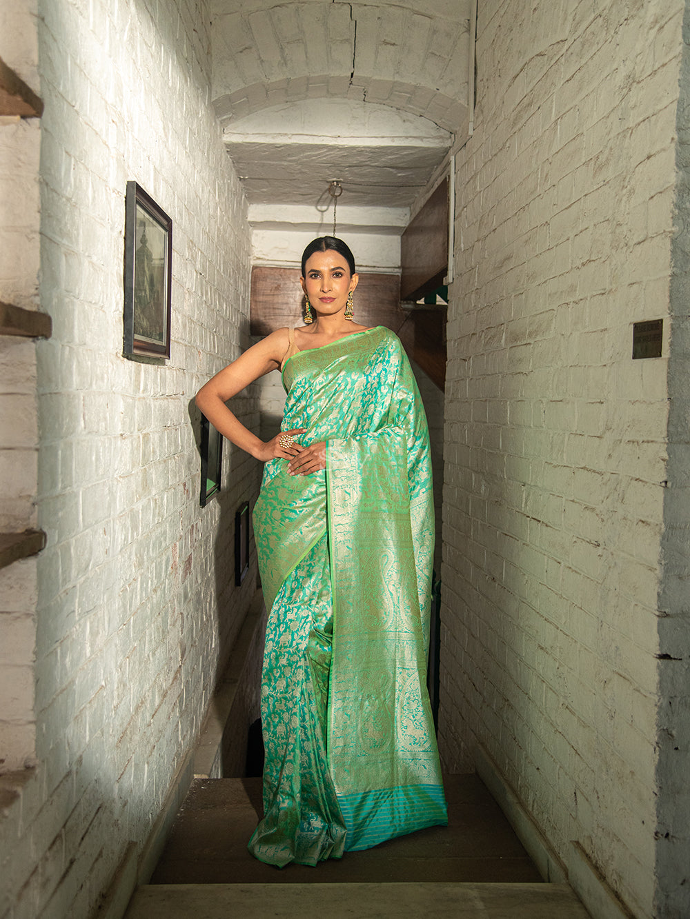 Sea Green Shikargah Katan Silk Handloom Banarasi Saree - Sacred Weaves