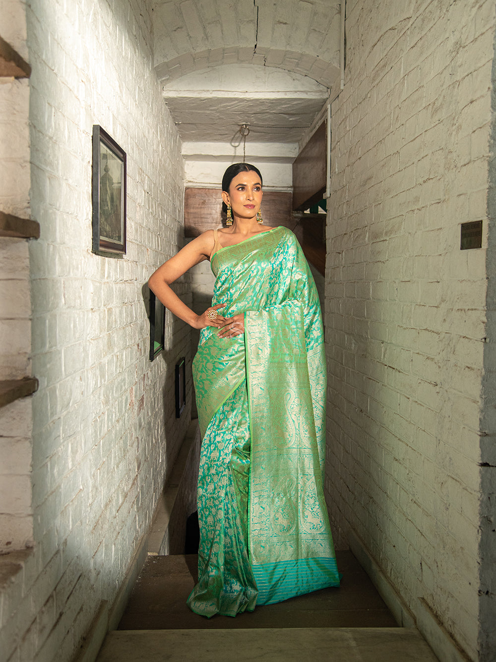 Sea Green Shikargah Katan Silk Handloom Banarasi Saree - Sacred Weaves