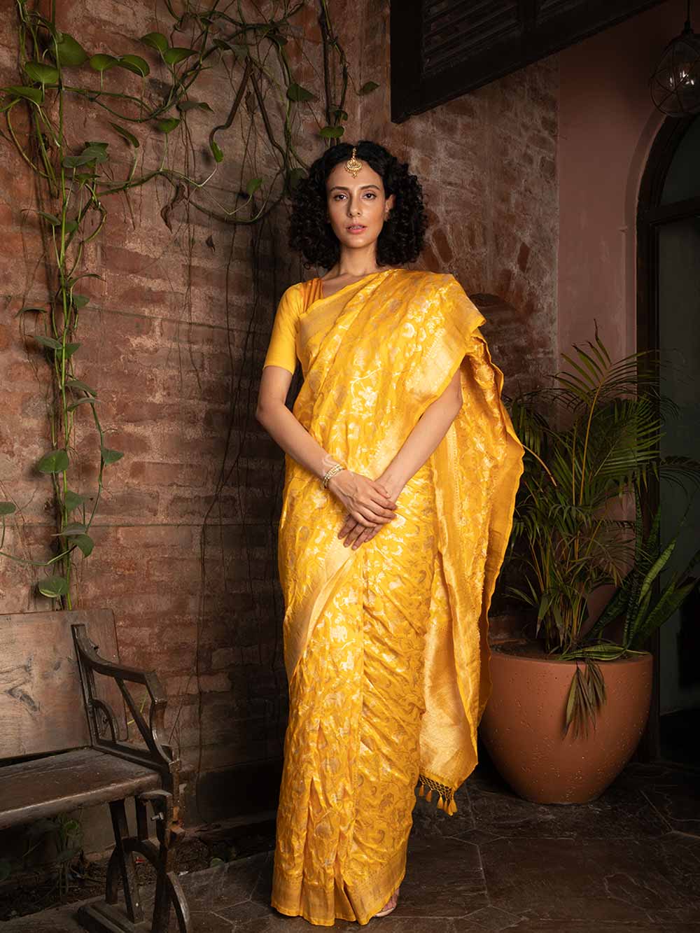 Yellow Shikargah Katan Silk Handloom Banarasi Saree - Sacred Weaves