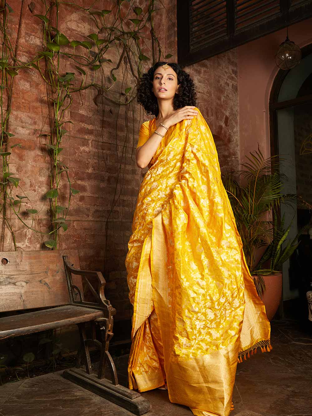 Yellow Shikargah Katan Silk Handloom Banarasi Saree - Sacred Weaves