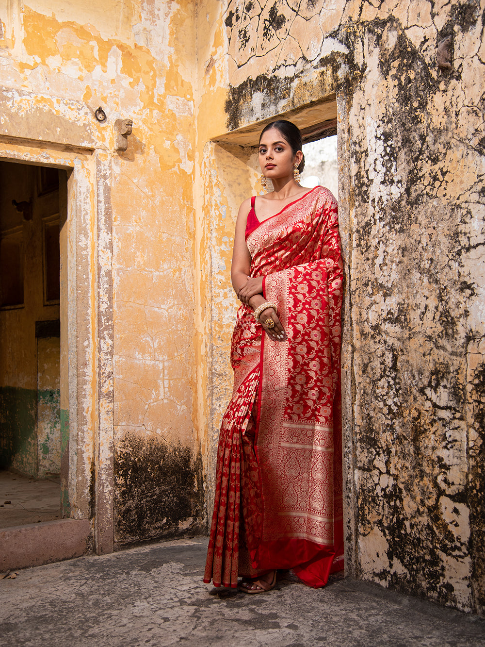 Red Meenakari Uppada Katan Silk Handloom Banarasi Saree - Sacred Weaves