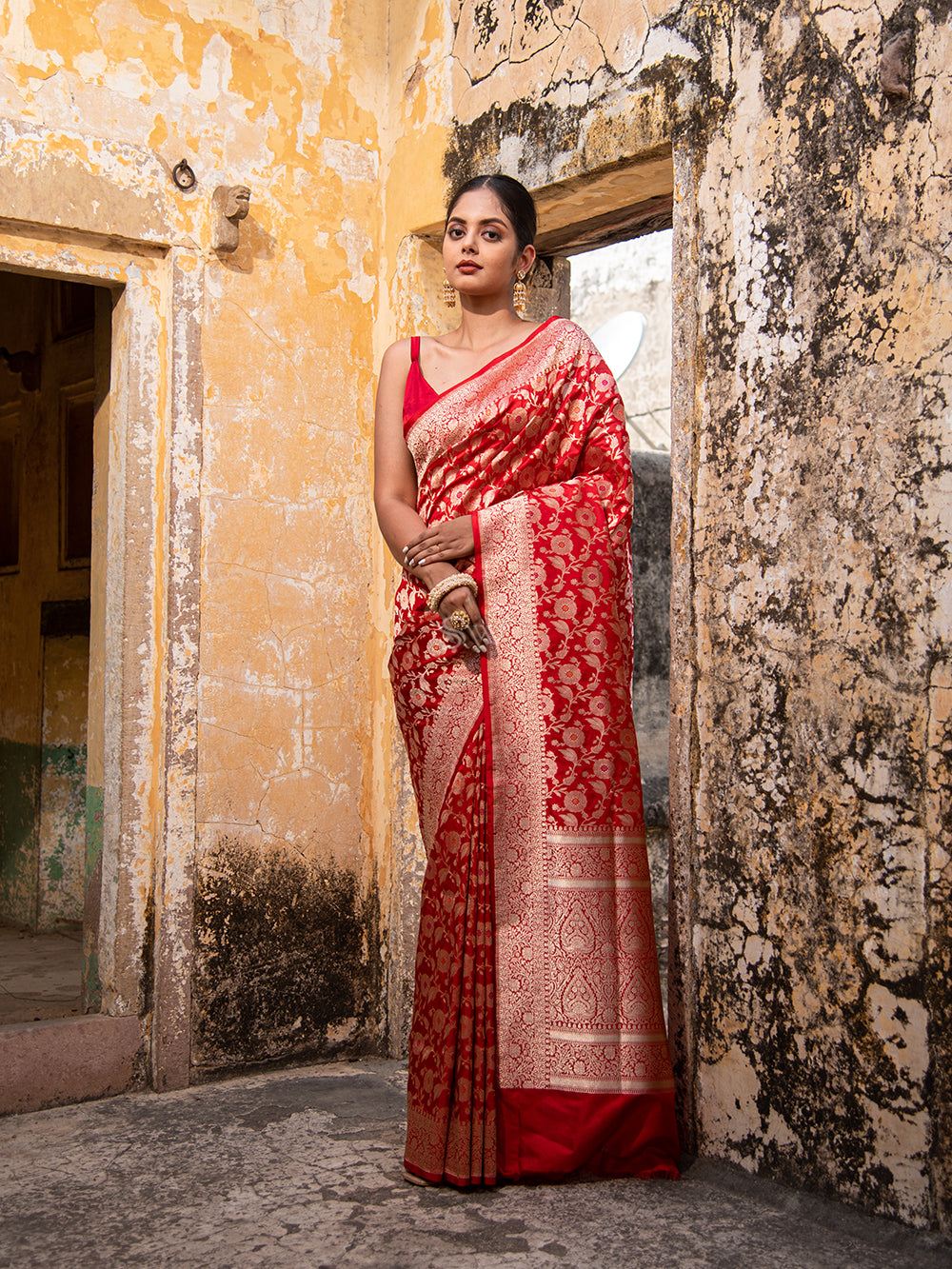 Red Meenakari Uppada Katan Silk Handloom Banarasi Saree - Sacred Weaves