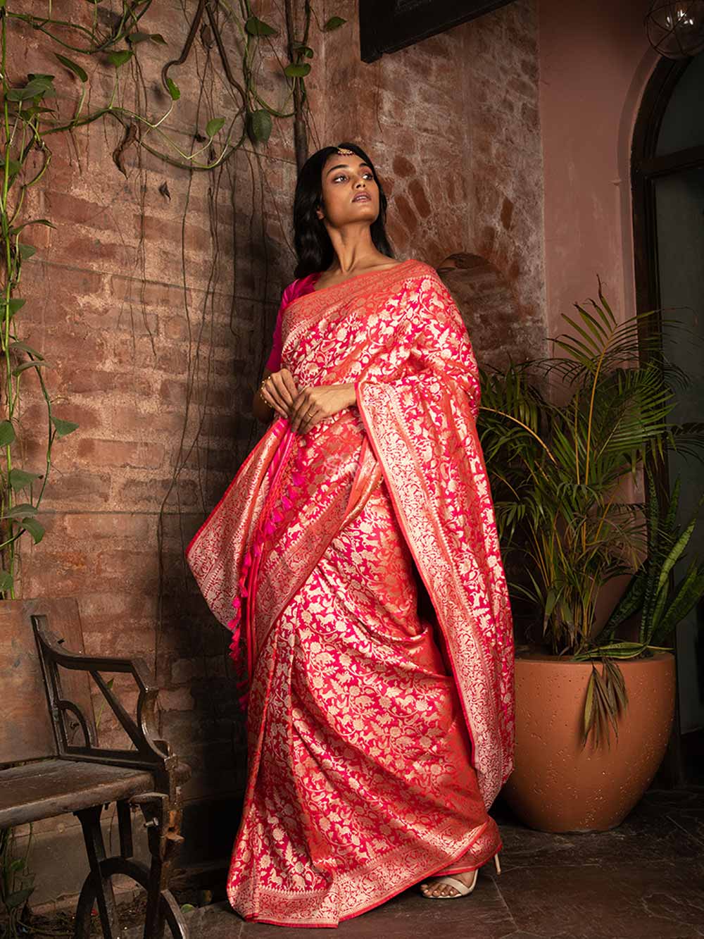 Pink Orange Shikargah Katan Silk Handloom Banarasi Saree - Sacred Weaves