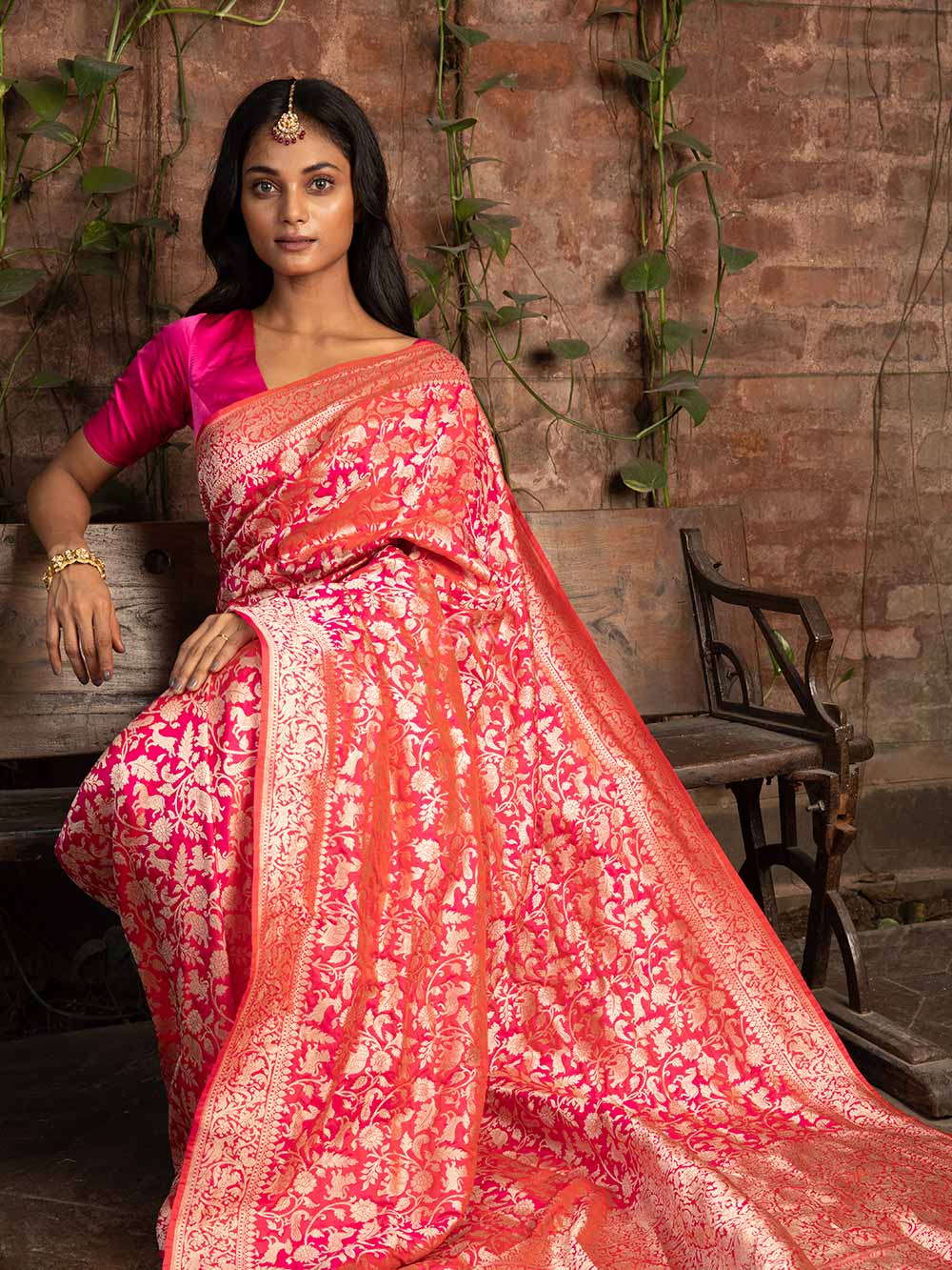 Pink Orange Shikargah Katan Silk Handloom Banarasi Saree - Sacred Weaves