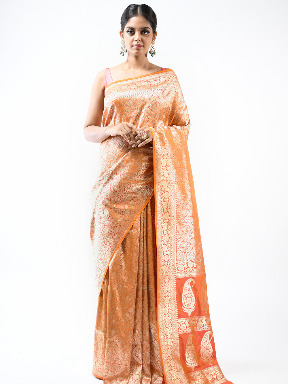 Orange Pink Brocade Katan Silk Handloom Banarasi Saree- Sacred Weaves
