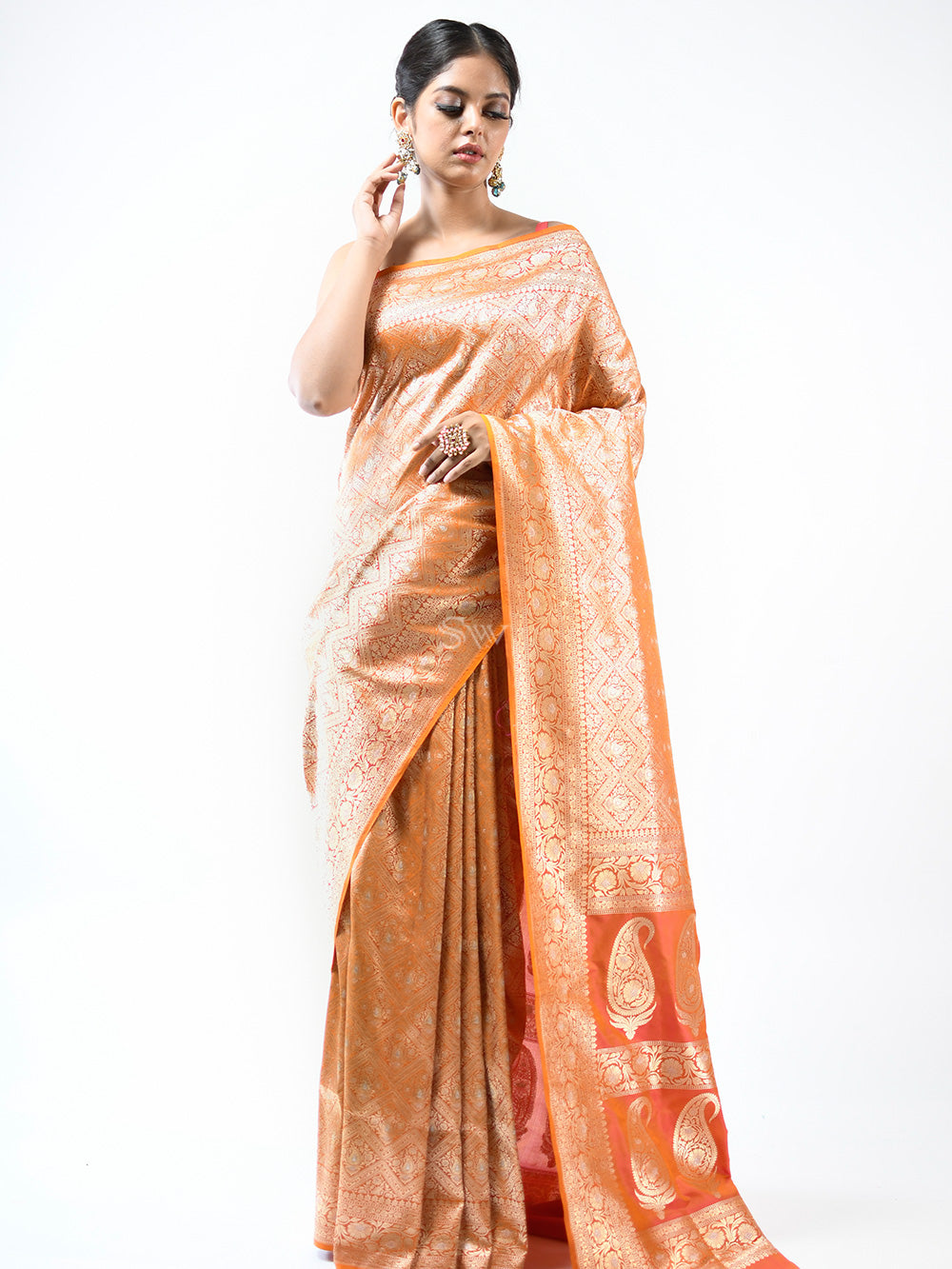 Orange Pink Brocade Katan Silk Handloom Banarasi Saree- Sacred Weaves