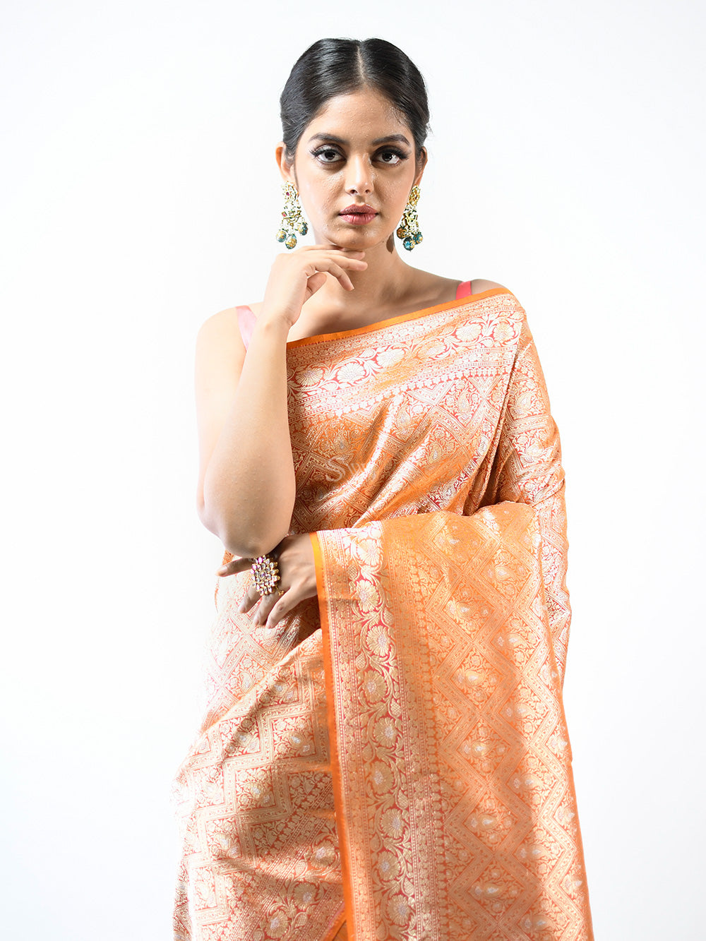 Orange Pink Brocade Katan Silk Handloom Banarasi Saree- Sacred Weaves