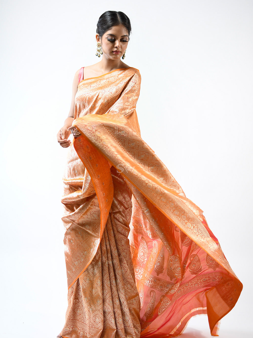 Orange Pink Brocade Katan Silk Handloom Banarasi Saree- Sacred Weaves