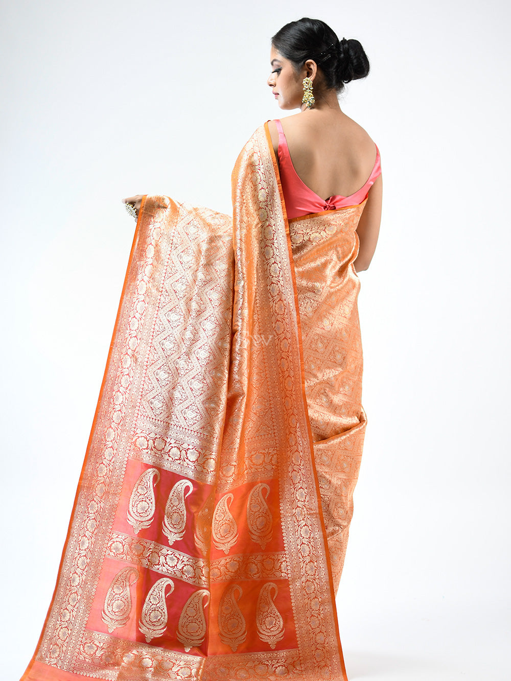 Orange Pink Brocade Katan Silk Handloom Banarasi Saree- Sacred Weaves