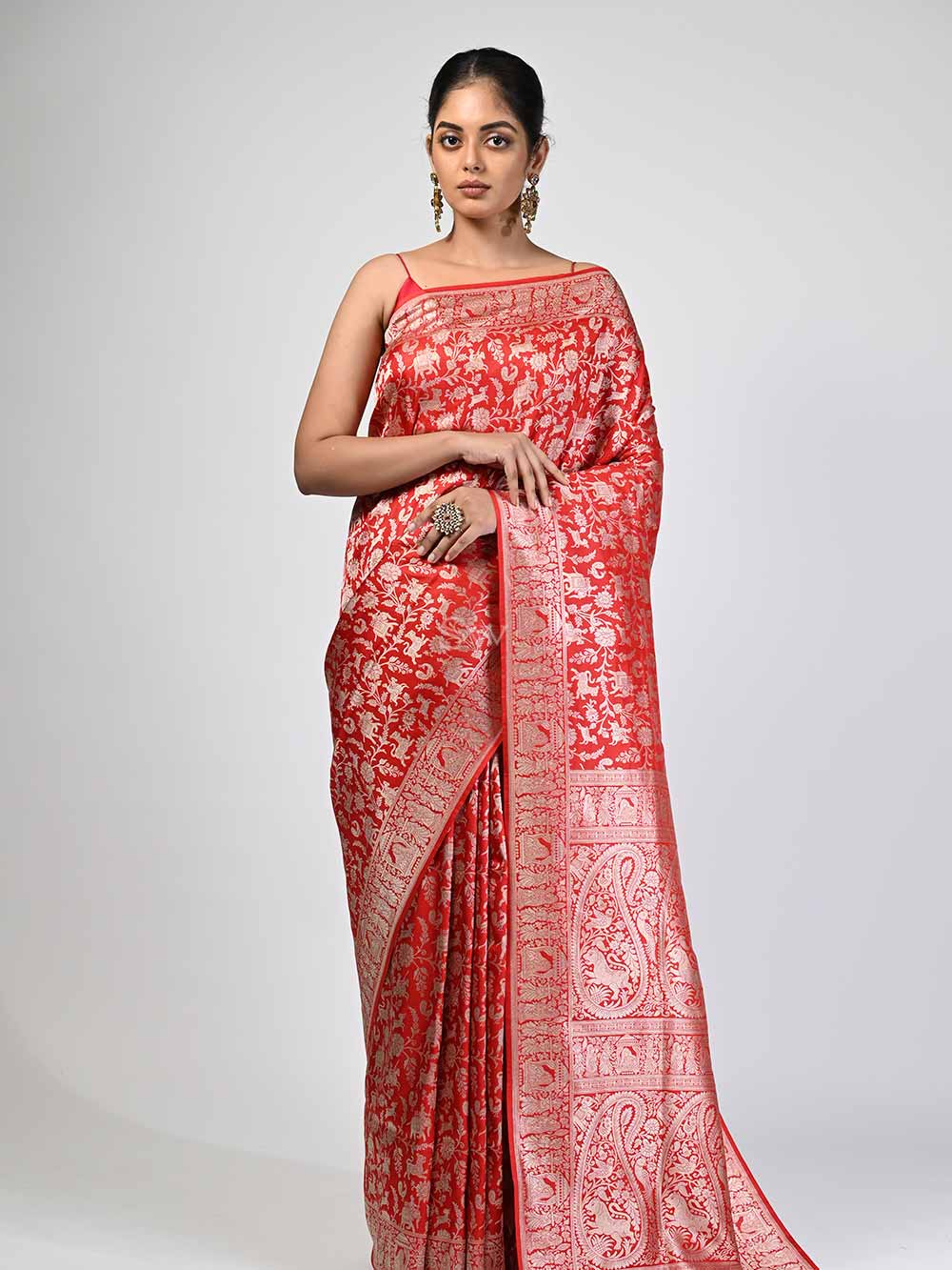 Red Shikargah Katan Silk Handloom Banarasi Saree - Sacred Weaves