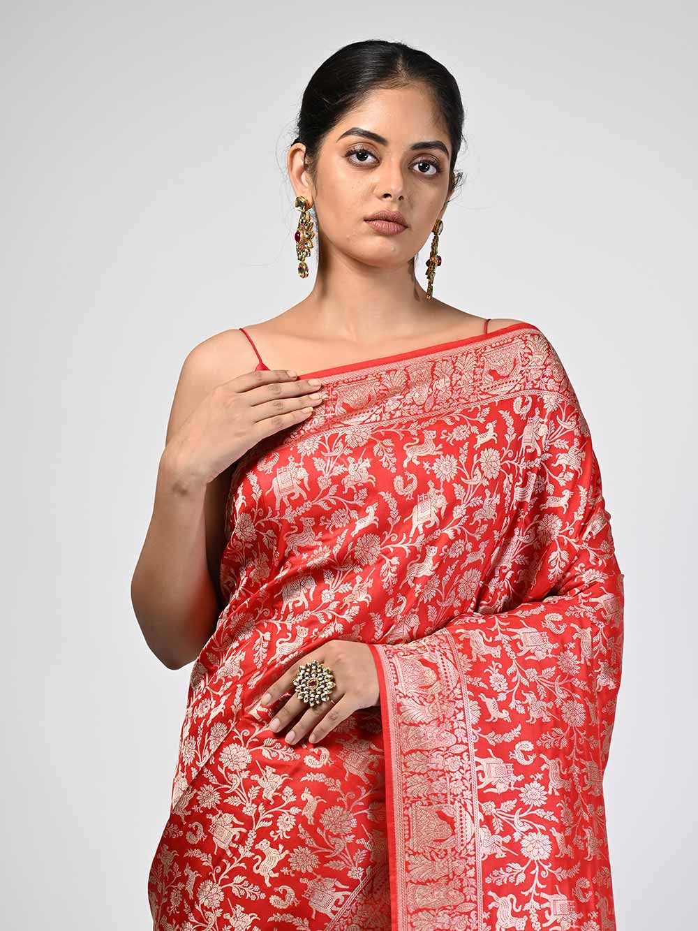 Red Shikargah Katan Silk Handloom Banarasi Saree - Sacred Weaves