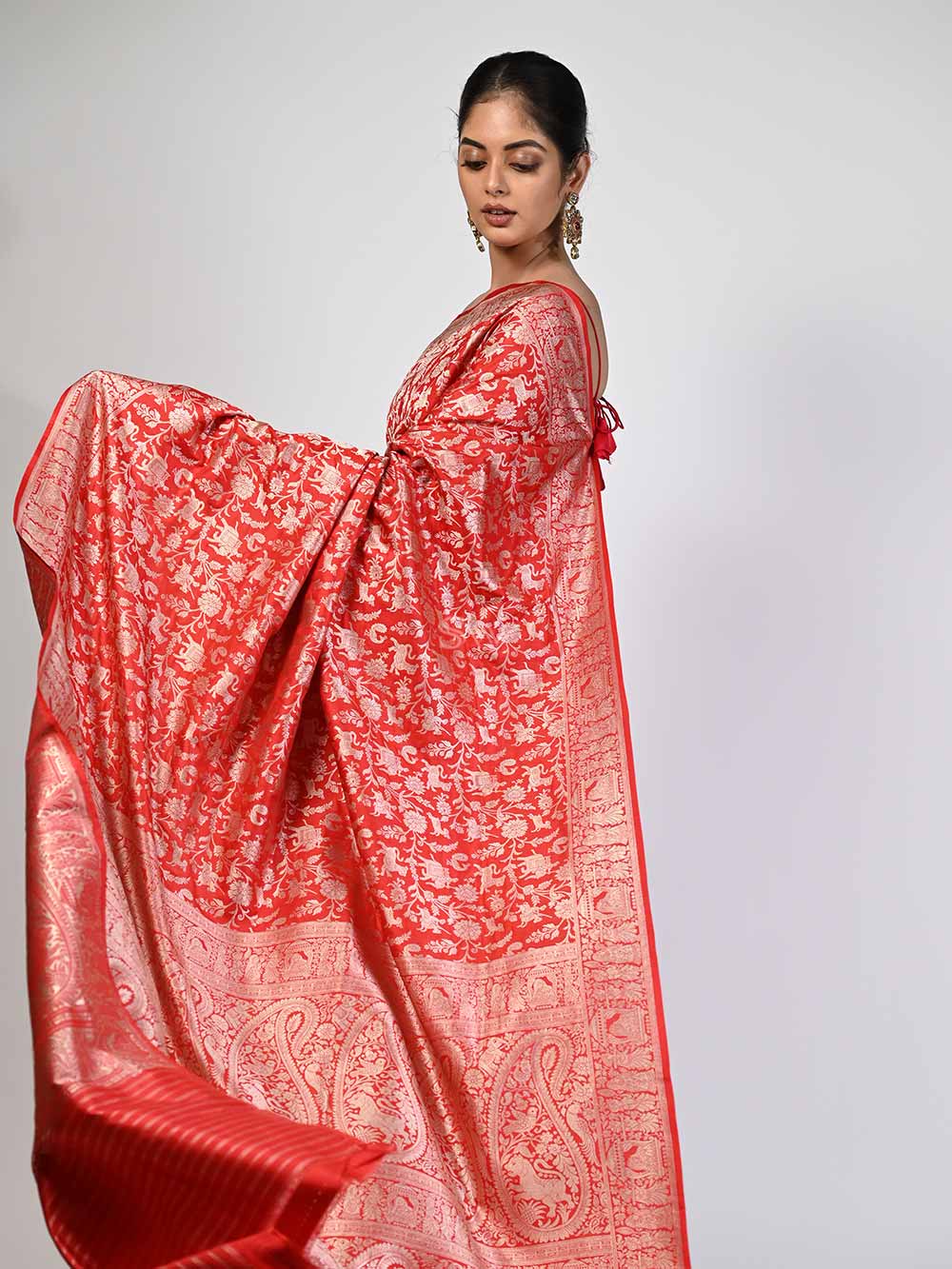 Red Shikargah Katan Silk Handloom Banarasi Saree - Sacred Weaves