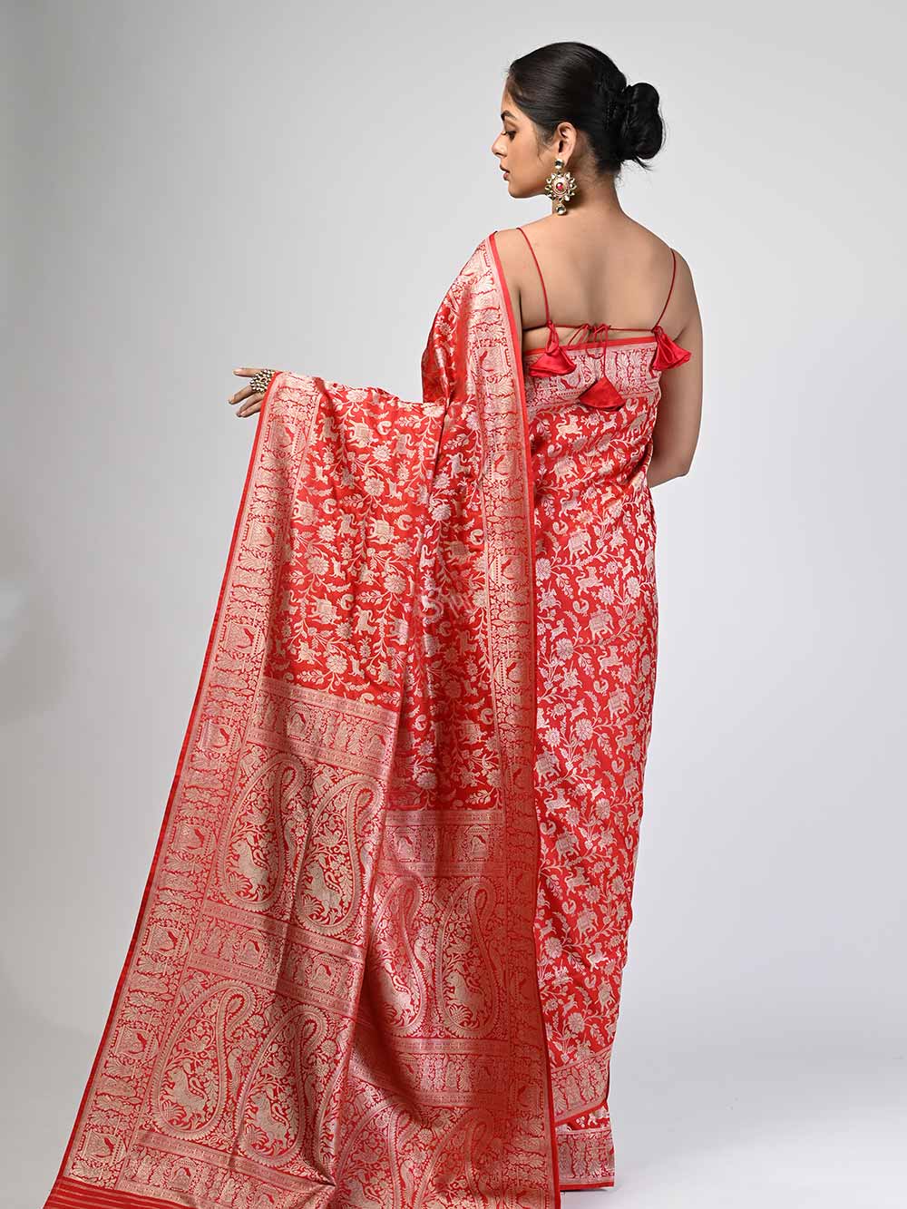 Red Shikargah Katan Silk Handloom Banarasi Saree - Sacred Weaves