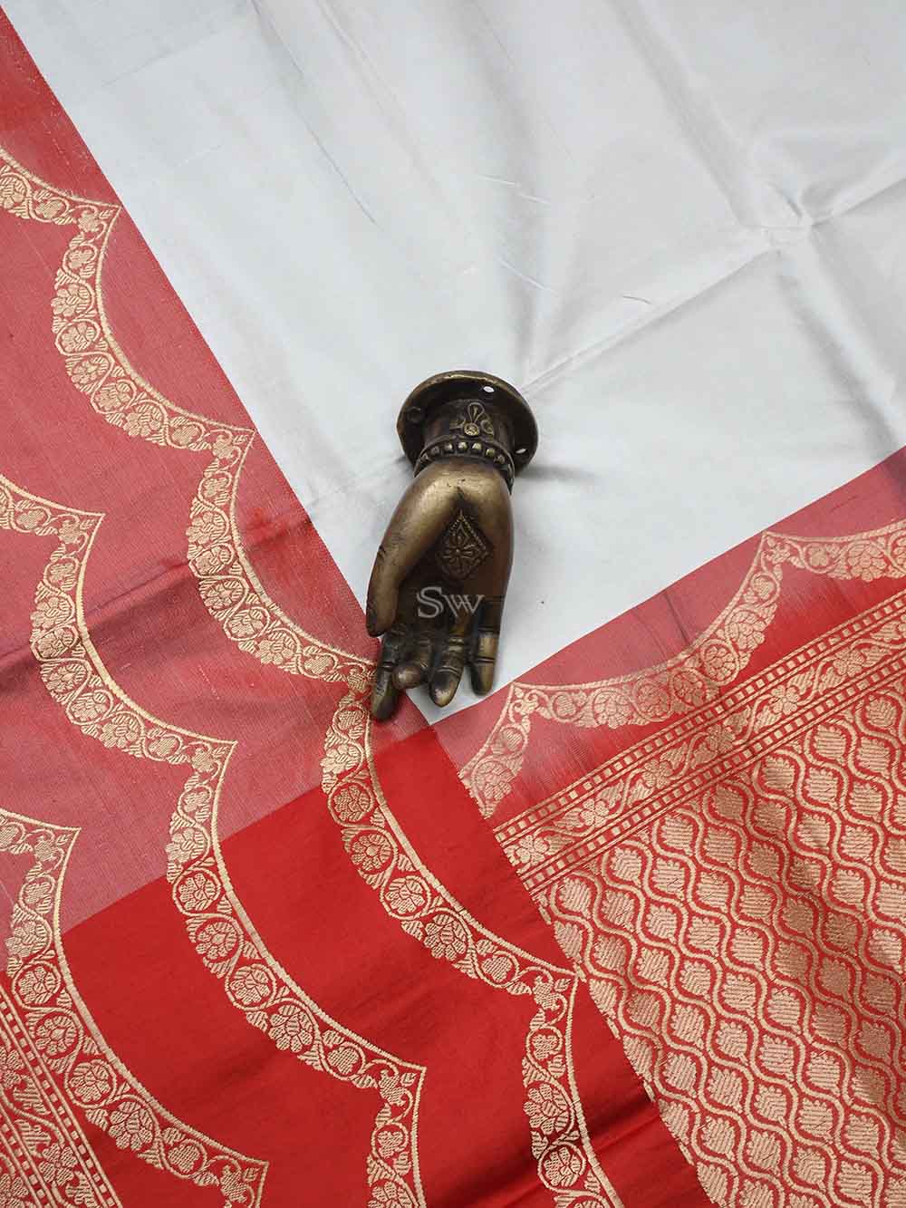 White Plain Katan Silk Handloom Banarasi Saree - Sacred Weaves