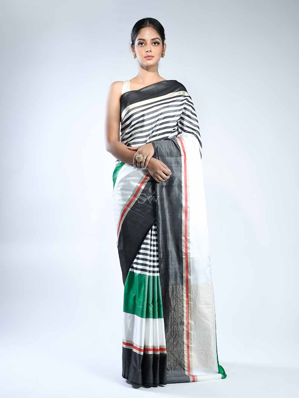 Black White Stripe Satin Silk Handloom Banarasi Saree - Sacred Weaves