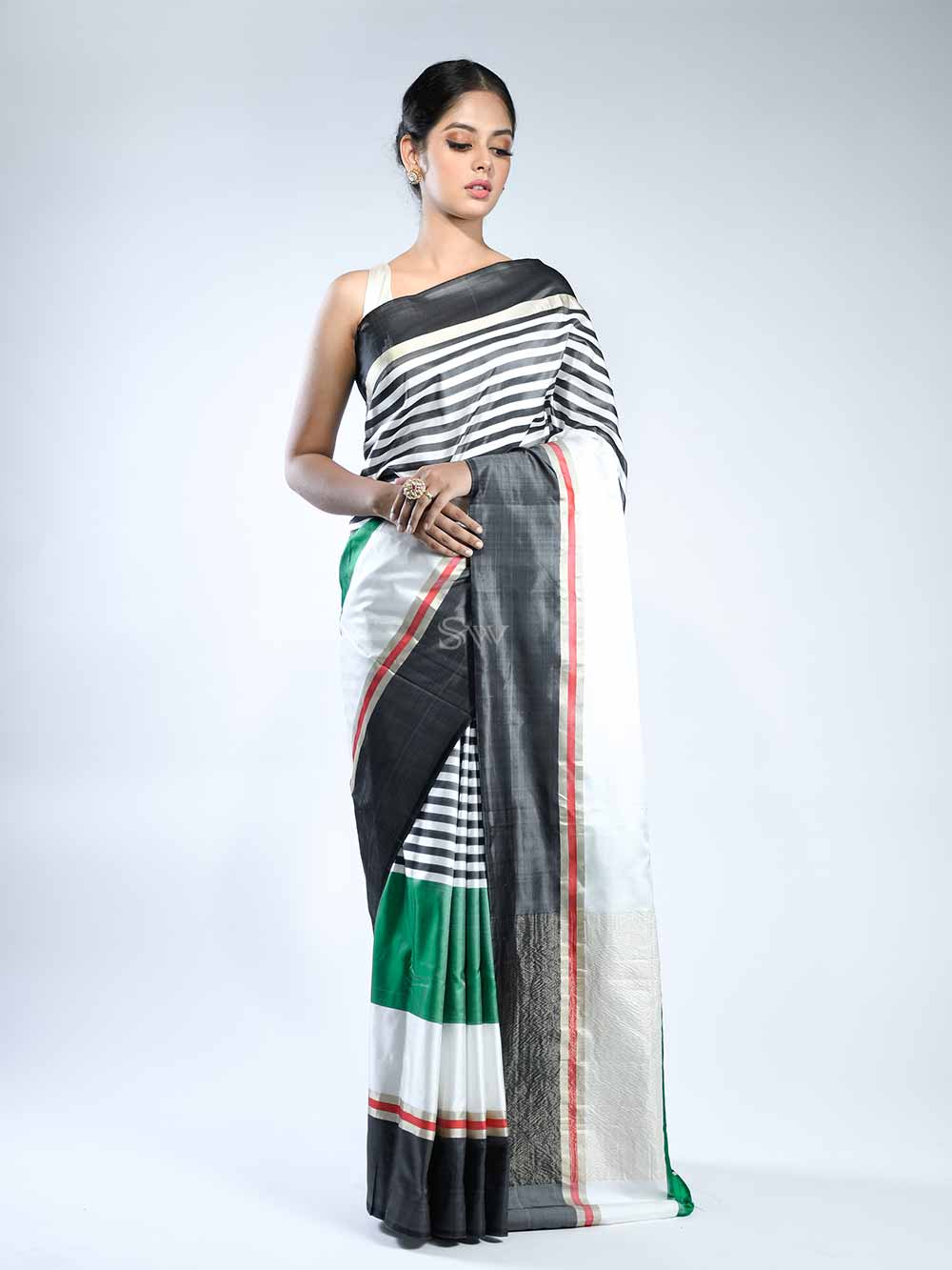 Black White Stripe Satin Silk Handloom Banarasi Saree - Sacred Weaves