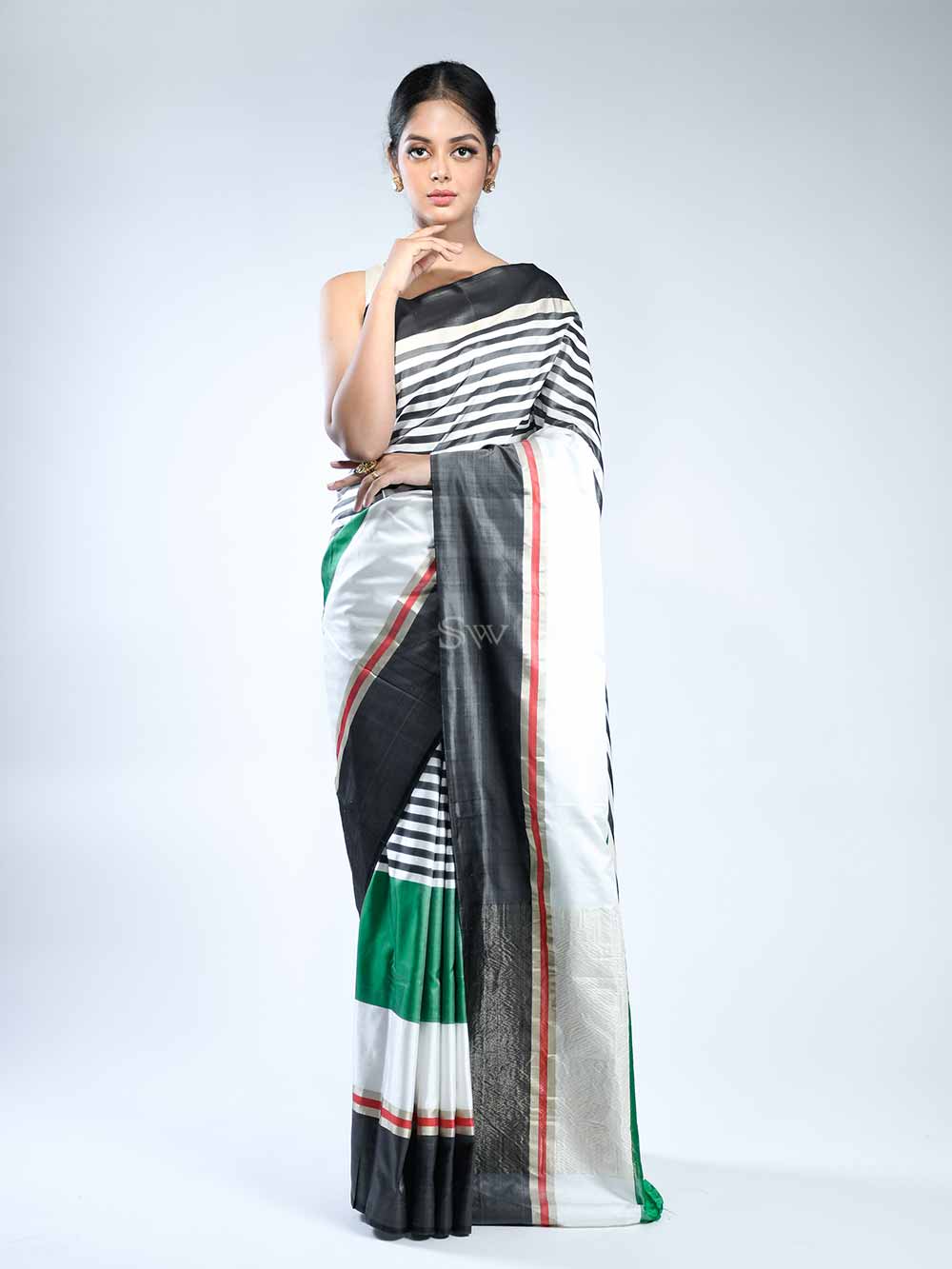 Black White Stripe Satin Silk Handloom Banarasi Saree - Sacred Weaves