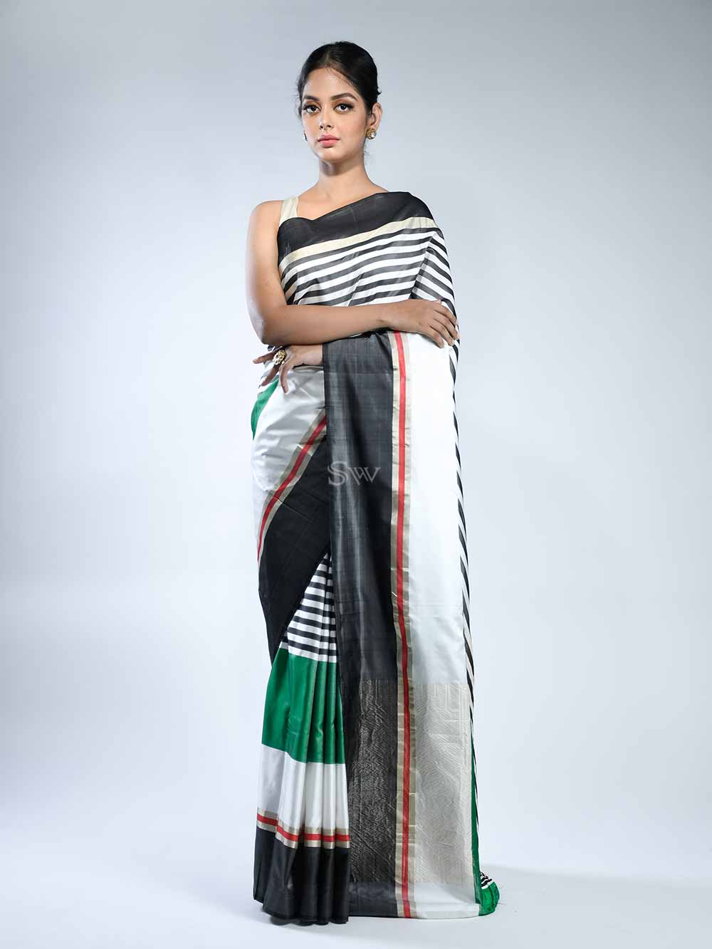 Black White Stripe Satin Silk Handloom Banarasi Saree - Sacred Weaves