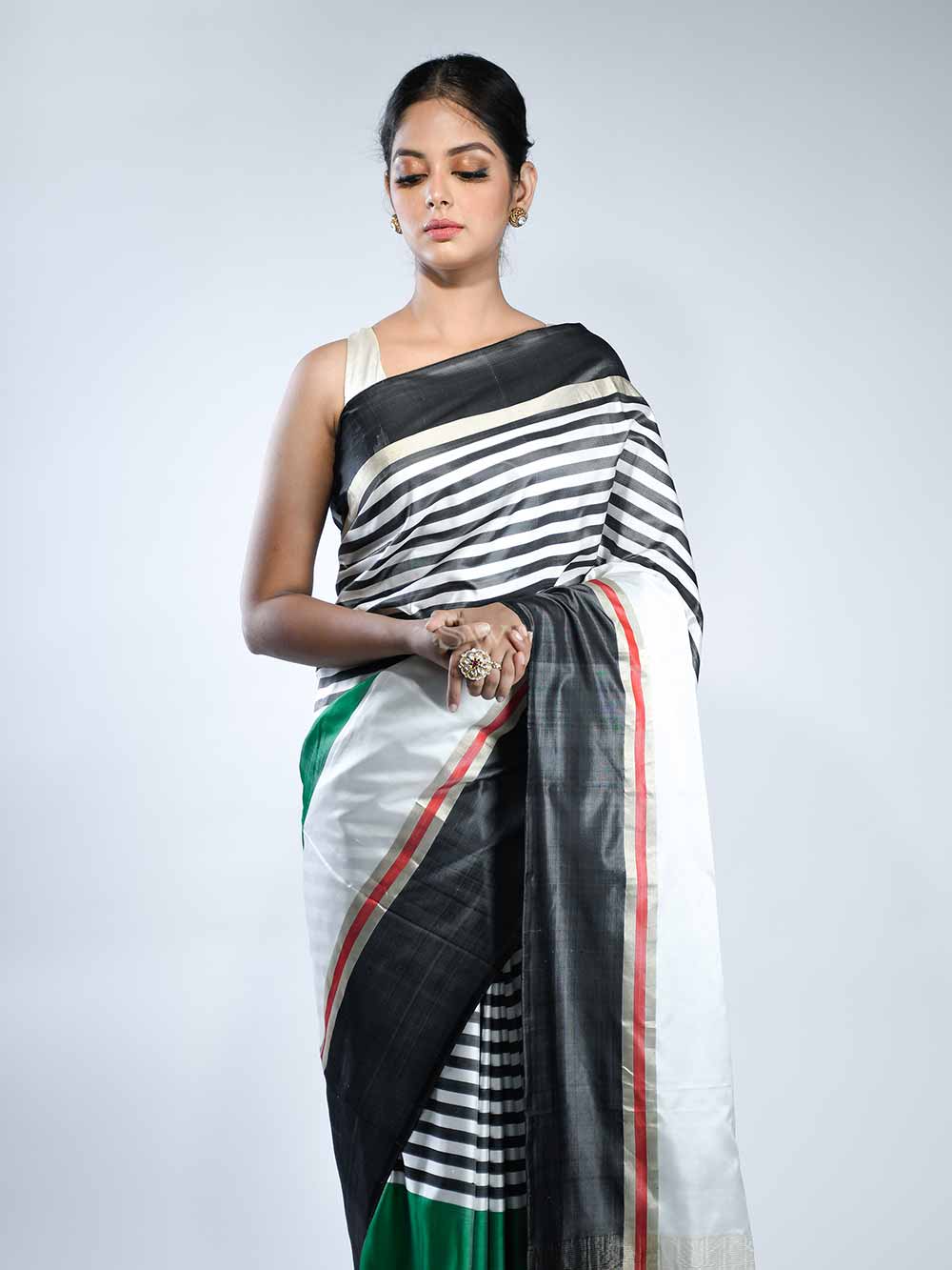 Black White Stripe Satin Silk Handloom Banarasi Saree - Sacred Weaves