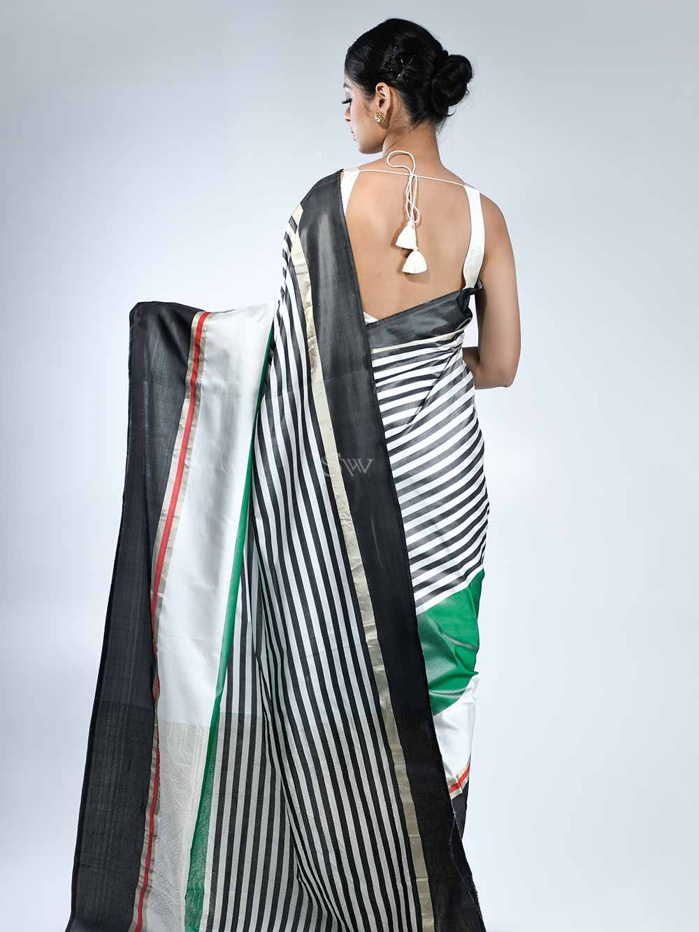 Black White Stripe Satin Silk Handloom Banarasi Saree - Sacred Weaves