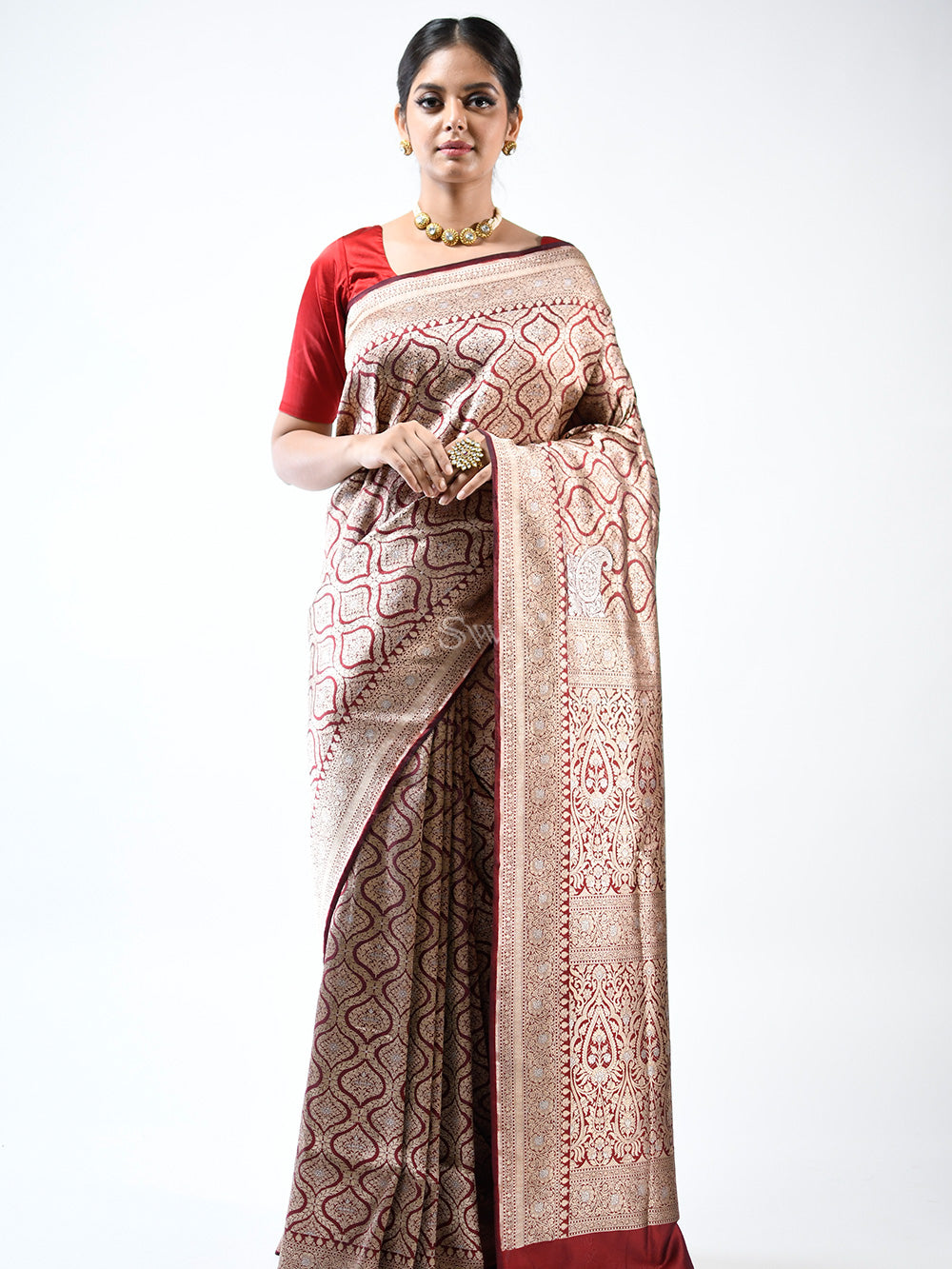 Wine Brocade Katan Silk Handloom Banarasi Saree - Sacred Weaves