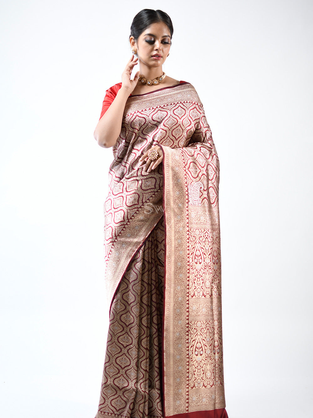 Wine Brocade Katan Silk Handloom Banarasi Saree - Sacred Weaves