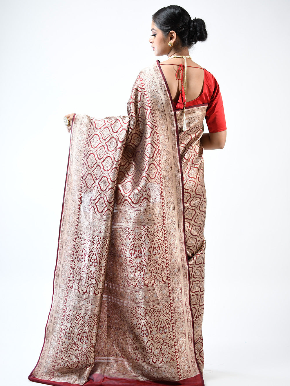 Wine Brocade Katan Silk Handloom Banarasi Saree - Sacred Weaves