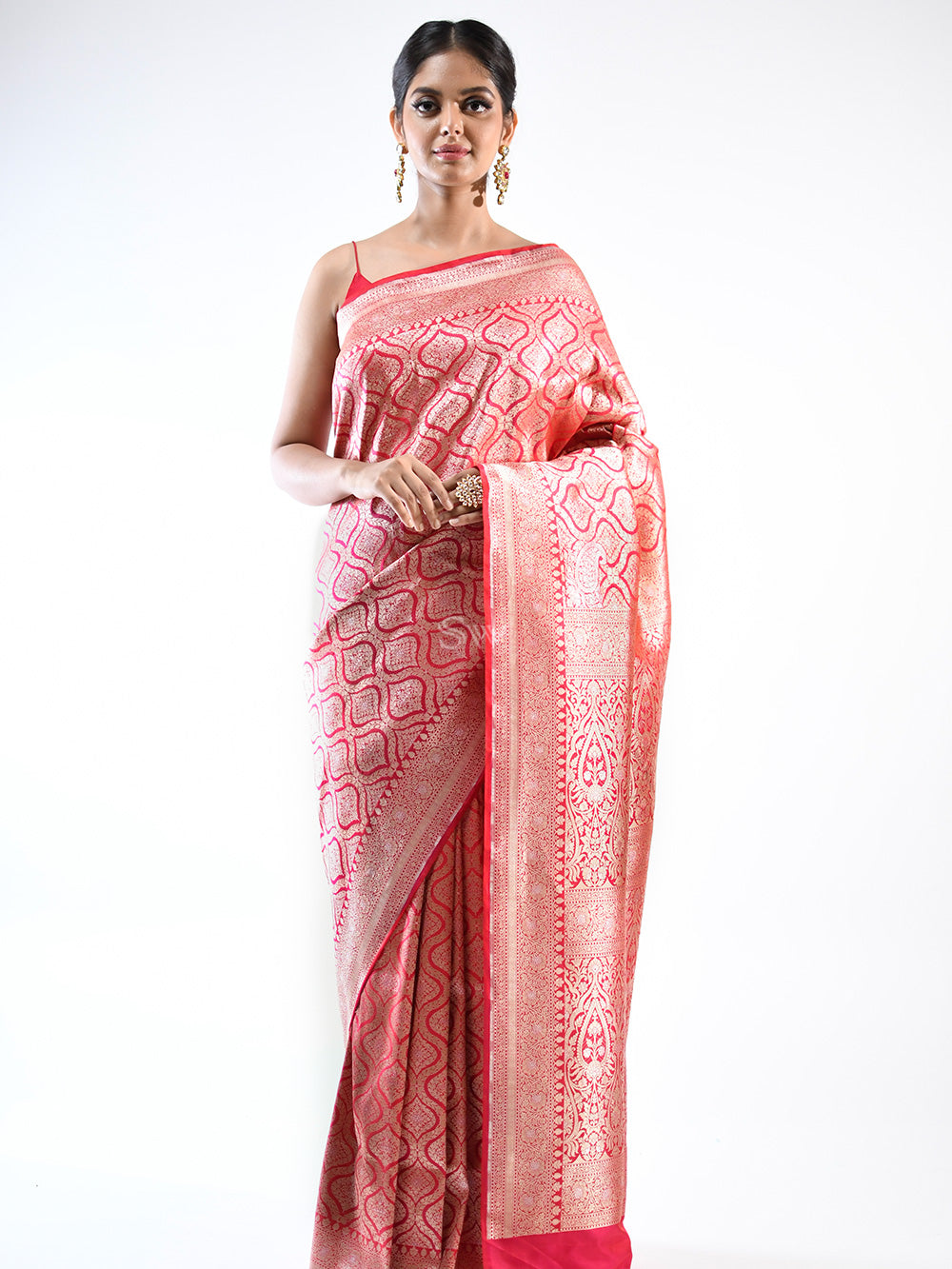 Red Pink Brocade Katan Silk Handloom Banarasi Saree - Sacred Weaves