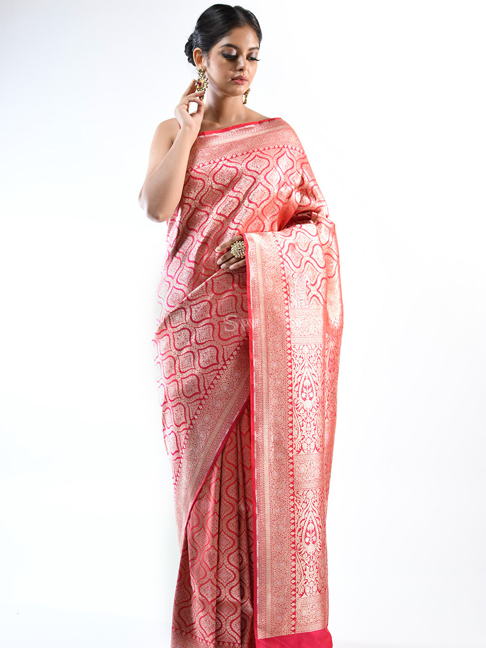 Red Pink Brocade Katan Silk Handloom Banarasi Saree - Sacred Weaves