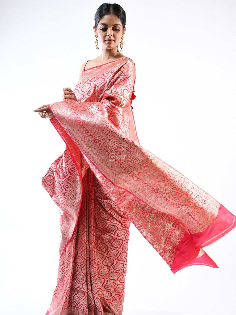 Red Pink Brocade Katan Silk Handloom Banarasi Saree - Sacred Weaves