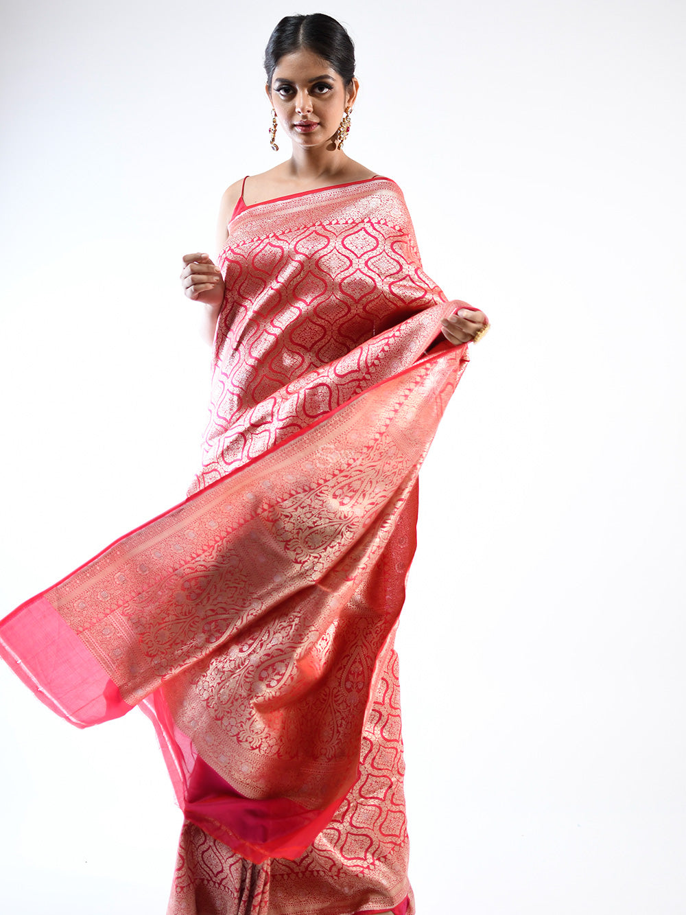 Red Pink Brocade Katan Silk Handloom Banarasi Saree - Sacred Weaves