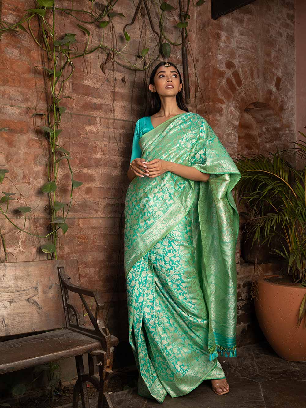 Sea Green Shikargah Katan Silk Handloom Banarasi Saree - Sacred Weaves