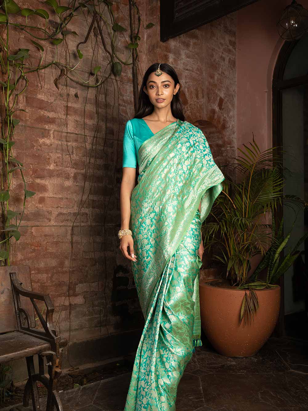 Sea Green Shikargah Katan Silk Handloom Banarasi Saree - Sacred Weaves