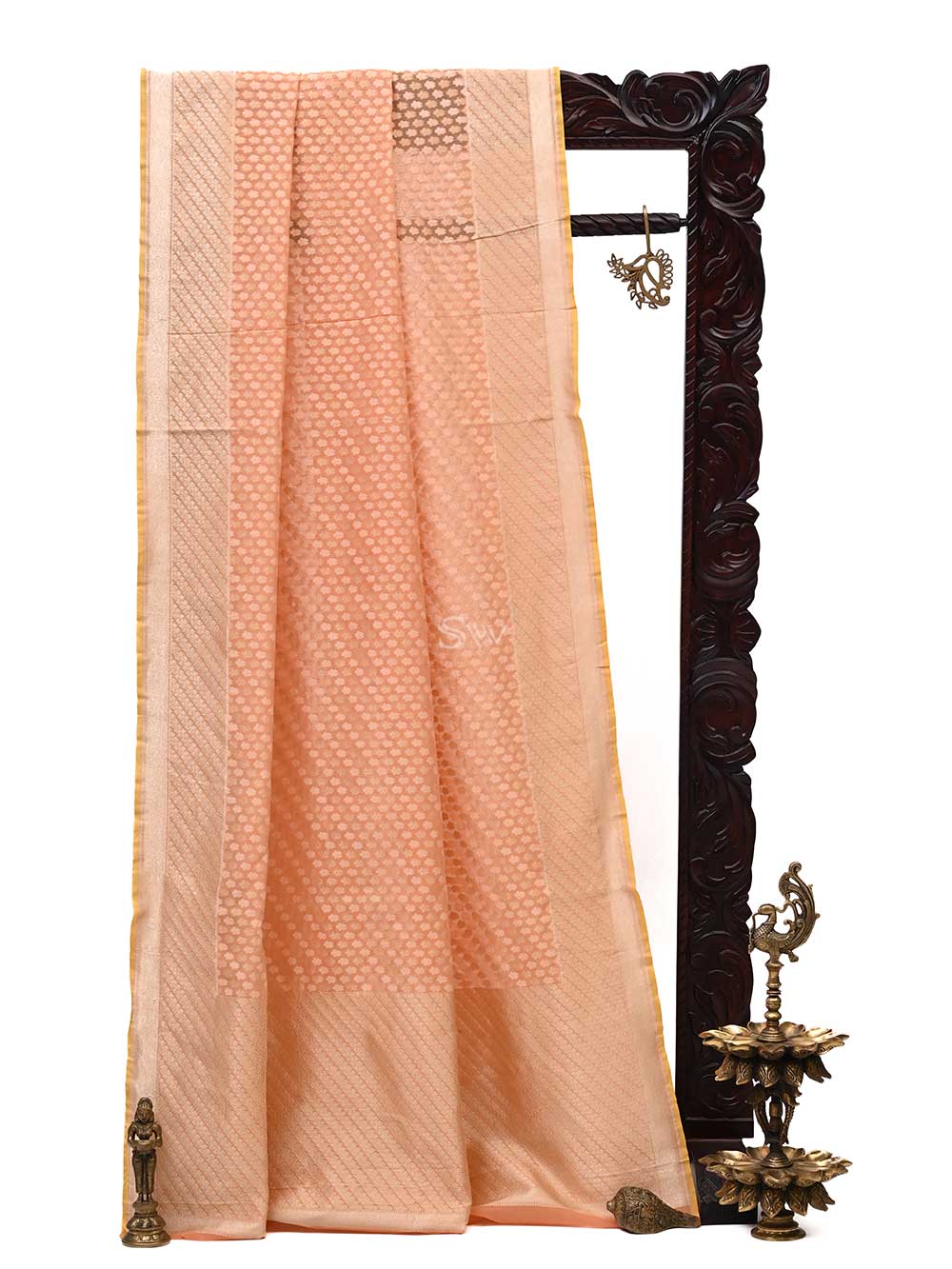 Peach Booti Cotton Silk Handloom Banarasi Saree - Sacred Weaves