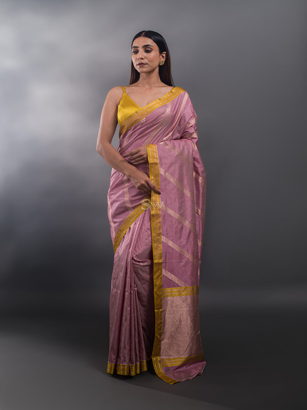 Pastel Pink Stripe Katan Silk Handloom Banarasi Saree - Sacred Weaves