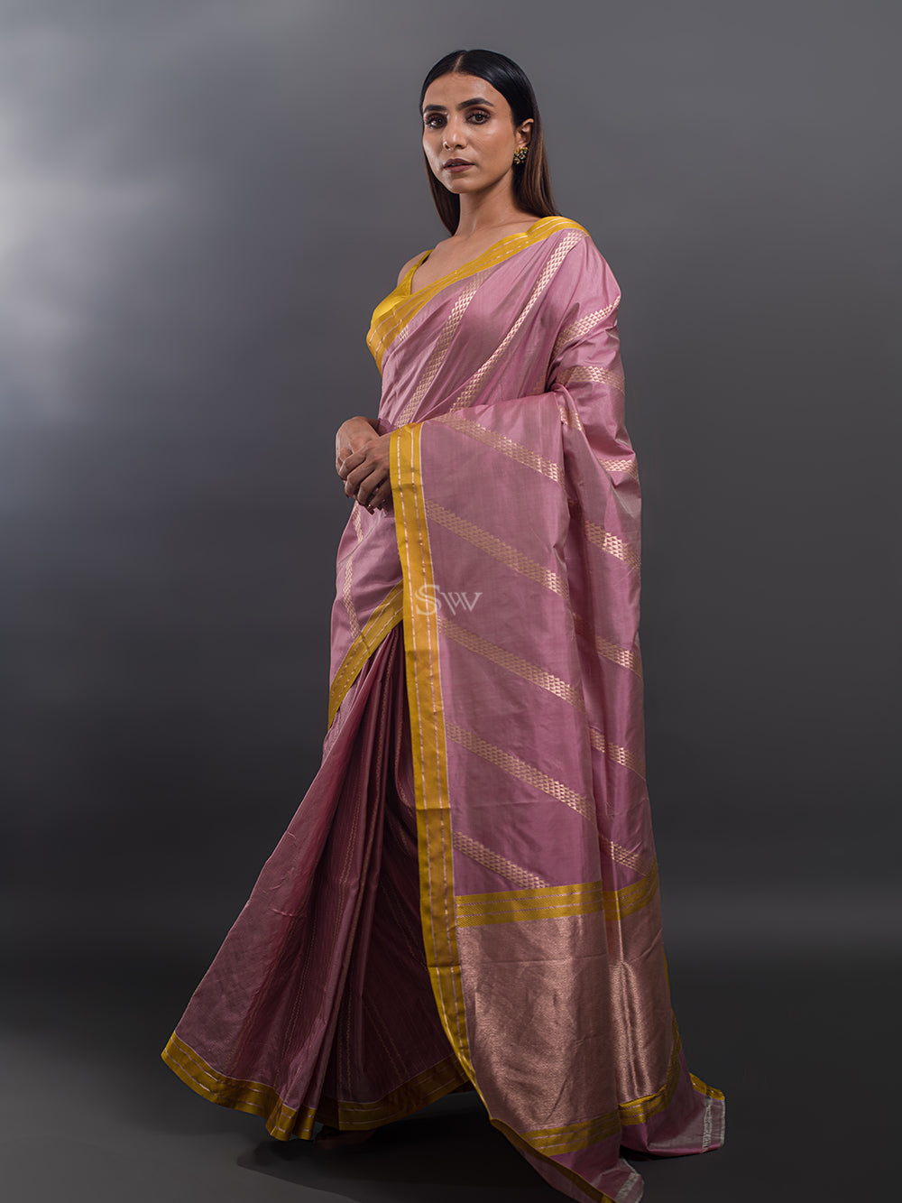 Pastel Pink Stripe Katan Silk Handloom Banarasi Saree - Sacred Weaves