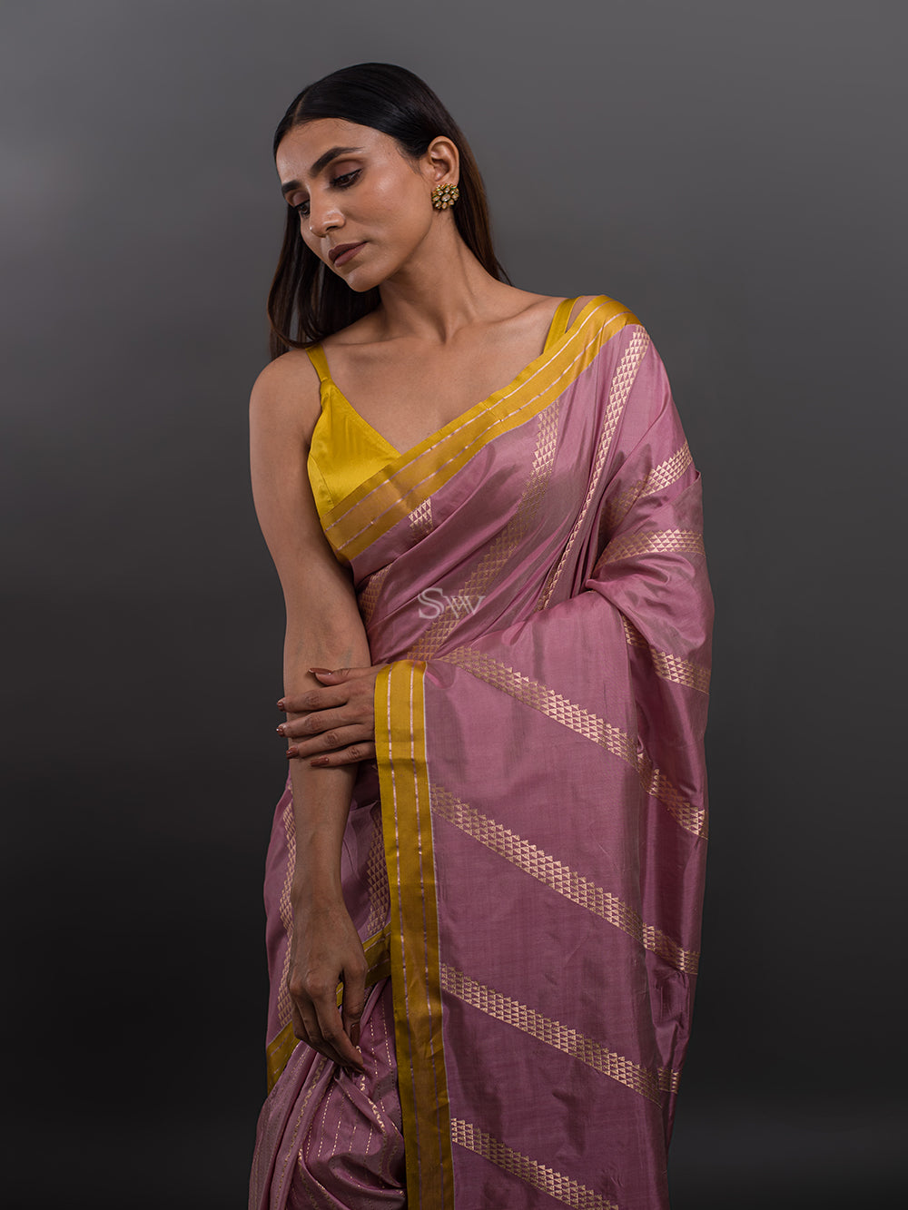 Pastel Pink Stripe Katan Silk Handloom Banarasi Saree - Sacred Weaves