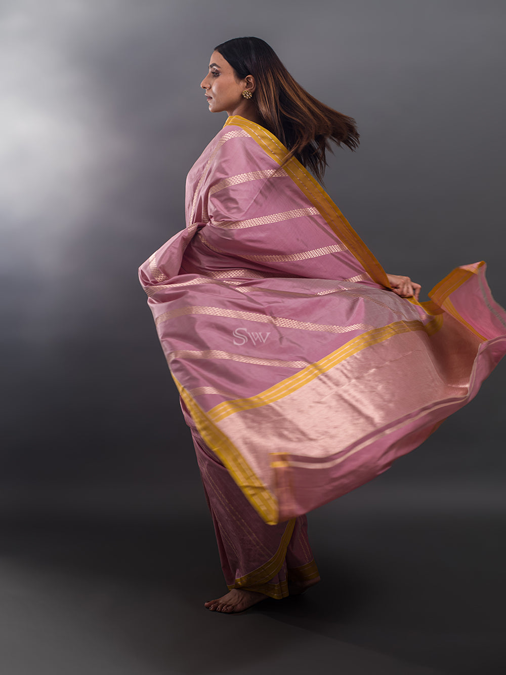 Pastel Pink Stripe Katan Silk Handloom Banarasi Saree - Sacred Weaves