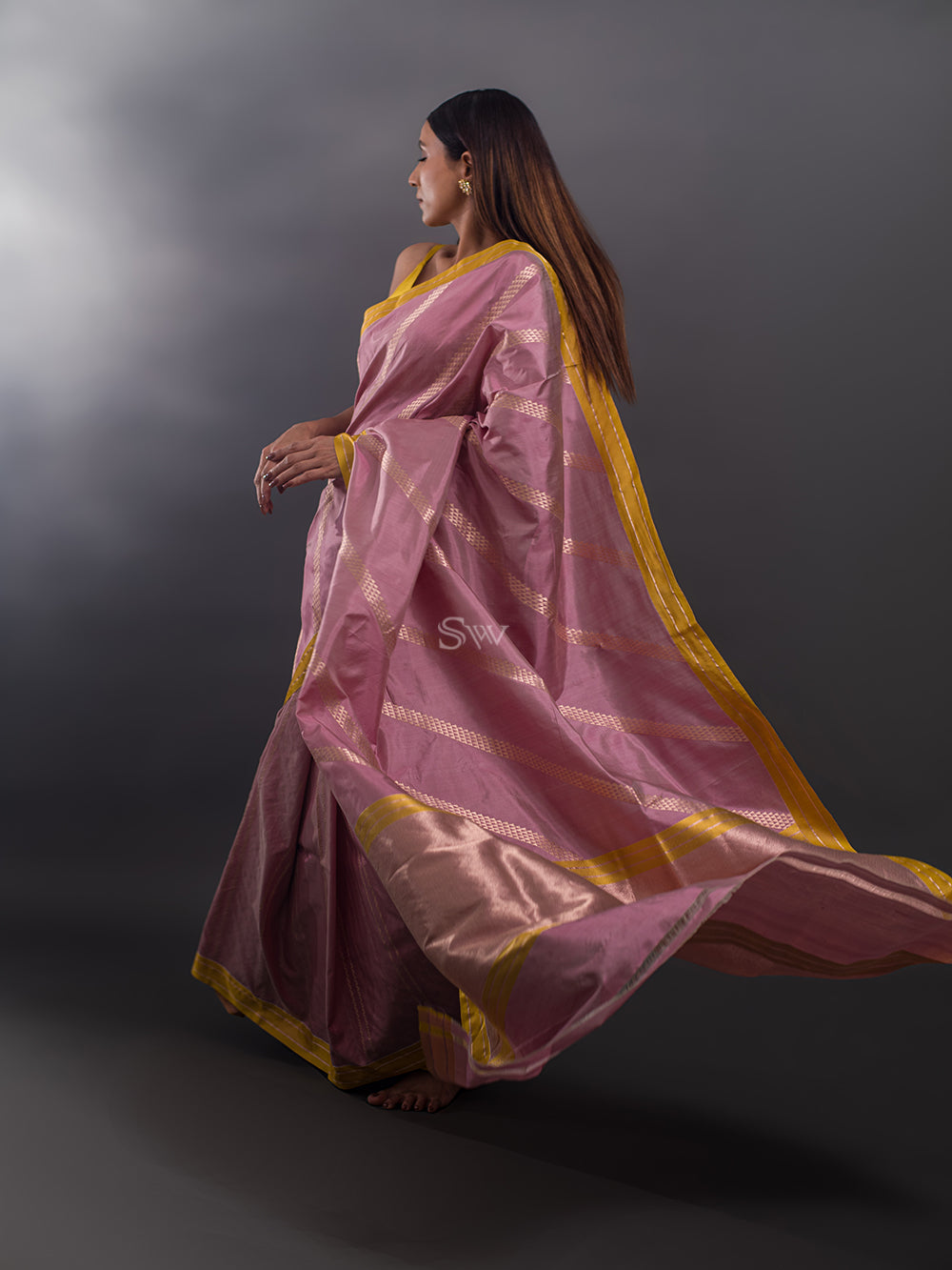 Pastel Pink Stripe Katan Silk Handloom Banarasi Saree - Sacred Weaves