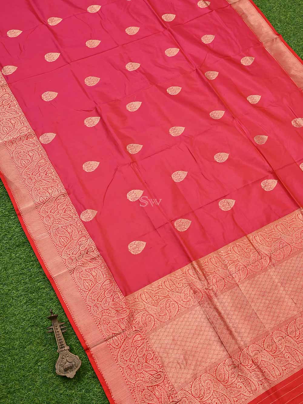 Pink Red Boota Katan Silk Handloom Banarasi Saree - Sacred Weaves