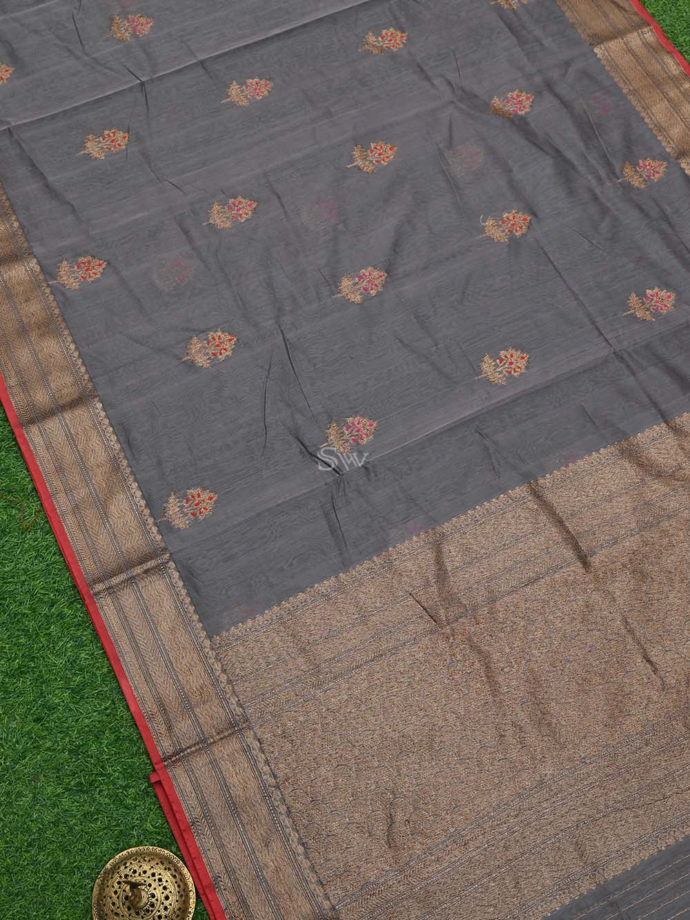 Dark Grey Boota Chanderi Silk Handloom Banarasi Saree - Sacred Weaves