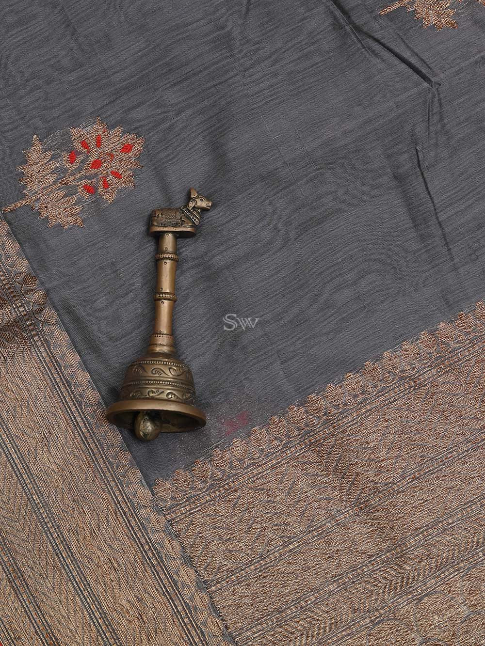 Dark Grey Boota Chanderi Silk Handloom Banarasi Saree - Sacred Weaves