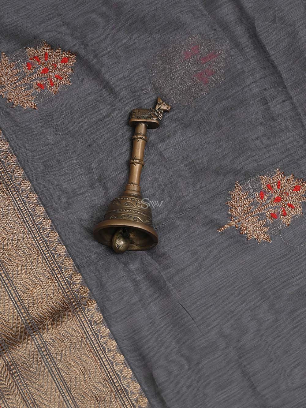 Dark Grey Boota Chanderi Silk Handloom Banarasi Saree - Sacred Weaves